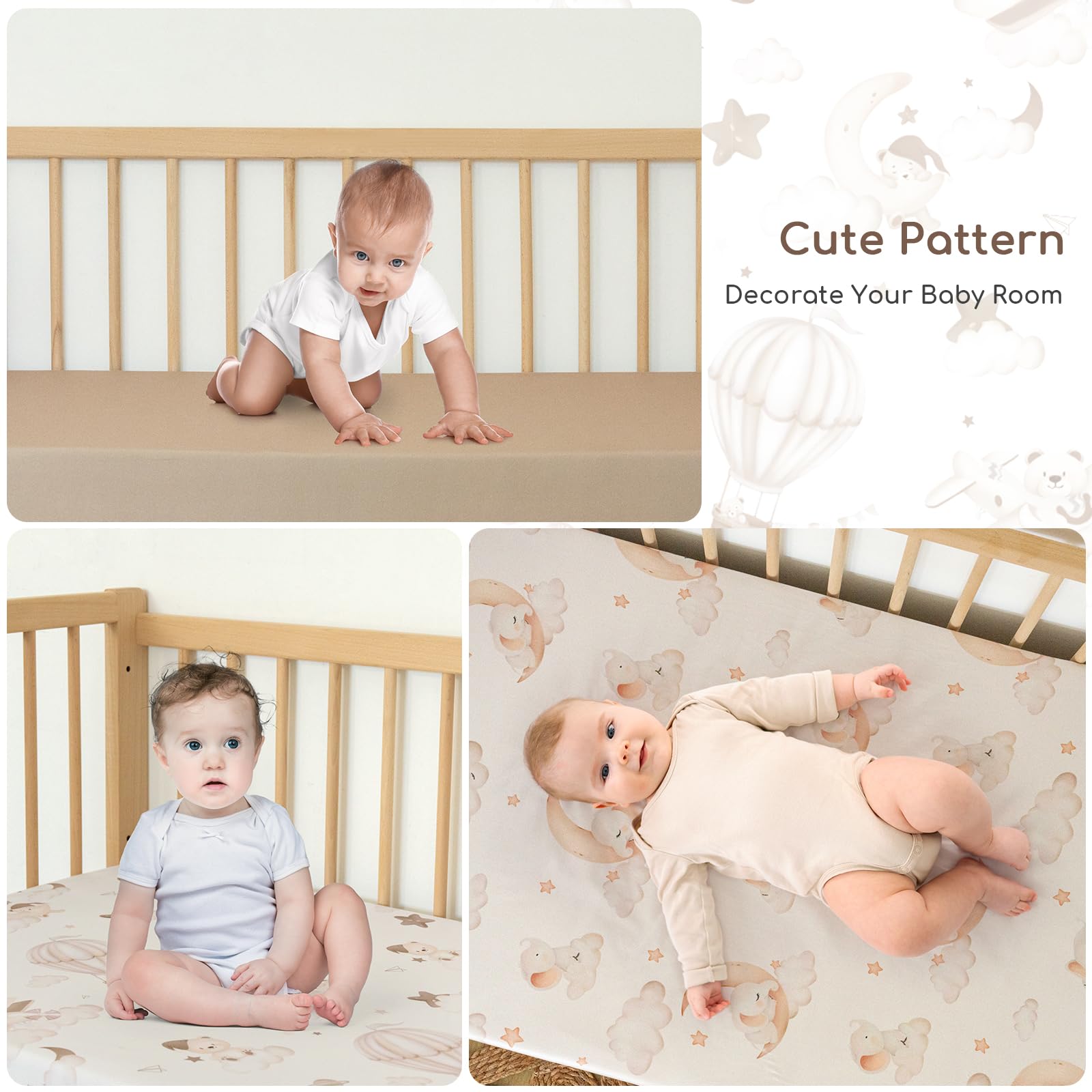 Yukkidds Travel Cot Sheets 95x65cm Fitted, 3 Pack Soft & Breathable Microfiber Baby Cot Mattress Sheets Bedding Brown Balloon - Image 2