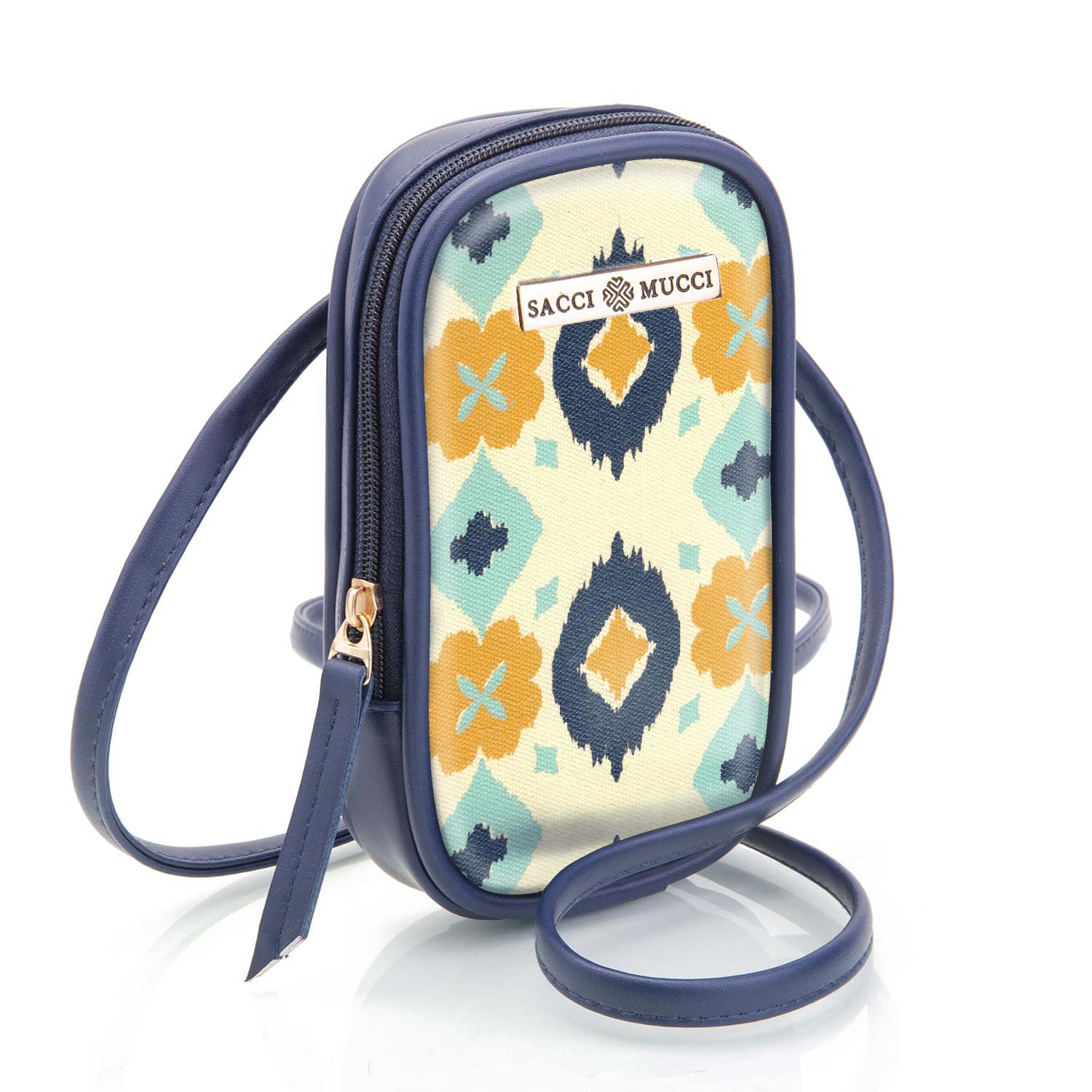 SACCI MUCCI Crossbody Sling Bag for Girls and Women | Stylish Vegan Leather Ladies Purse for Mobile/Cell Phone with Adjustable Strap- Ikat (Navy Blue) (B0C9CDV7FR) Amazon Price History, Amazon Price Tracker