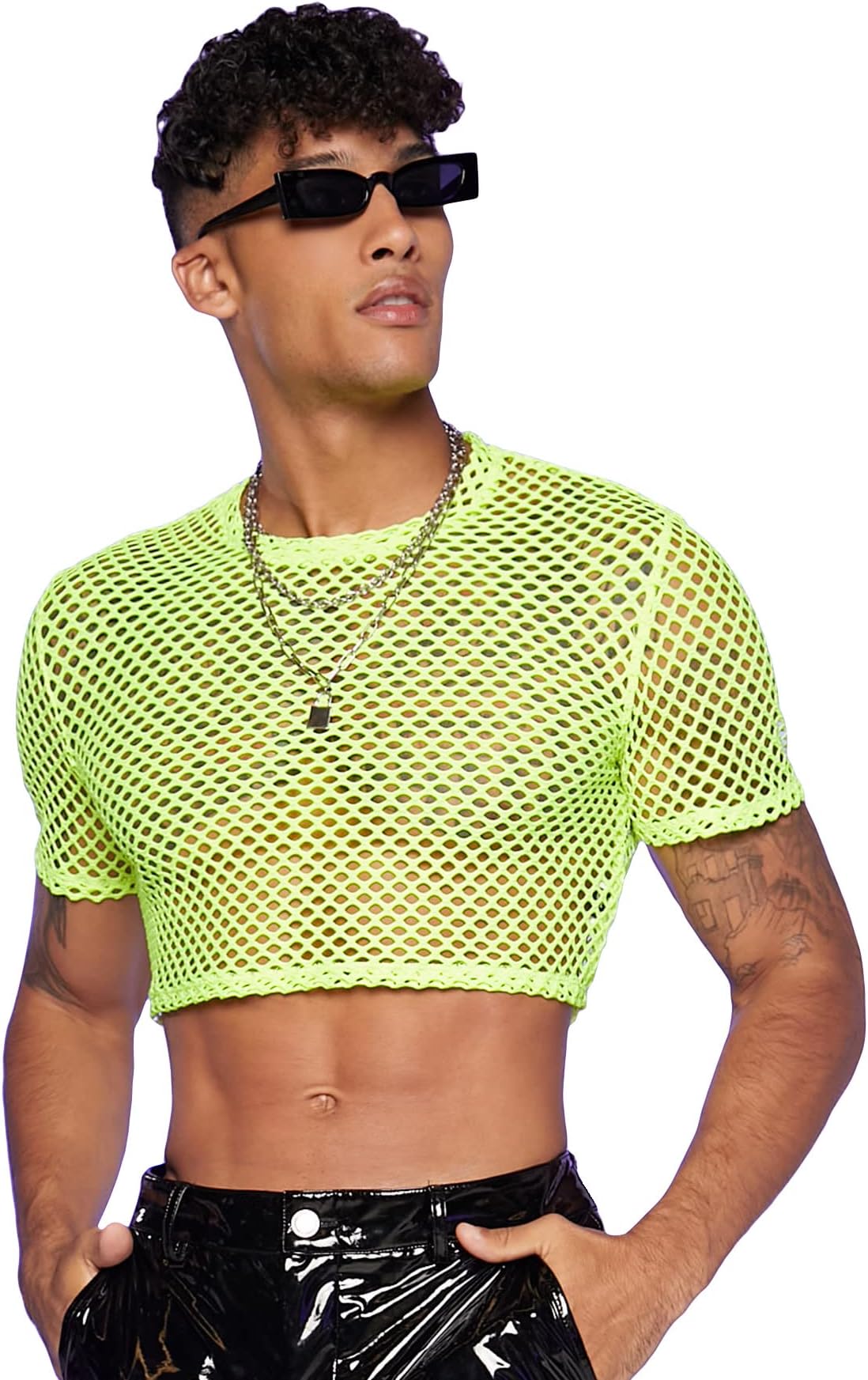 Men's Fishnet Mesh Tee Shirt Round Neck Short Sleeve Crop Top