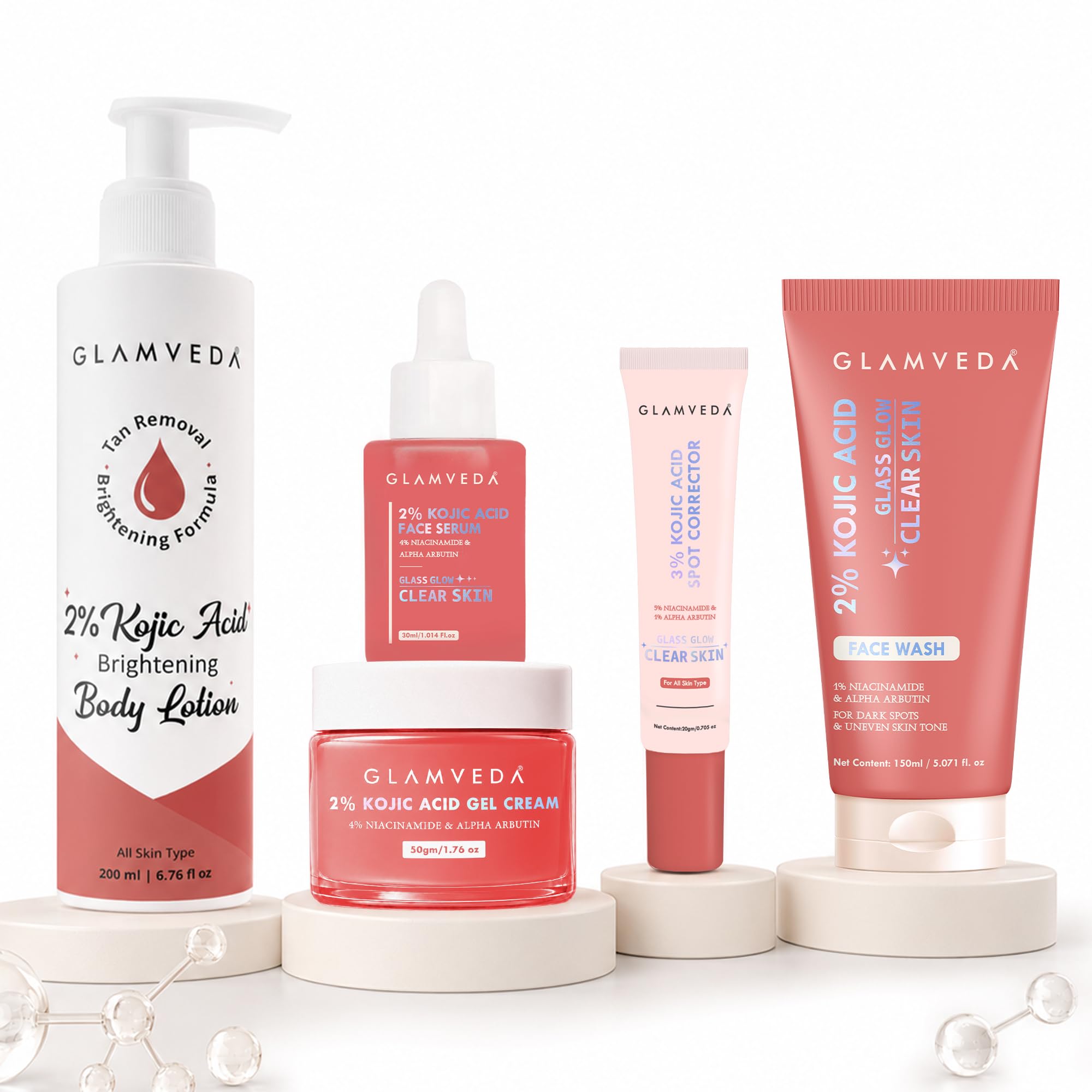 Glamveda 2% Kojic Acid 5 Step Skincare Routine Facewash, Spot Corrector, Serum, Gel Cream & Body Lotion For Remove Dark Spots, Pigmentation, Acne Scars, Glowing Skin | For Men & Women | All Skin Type