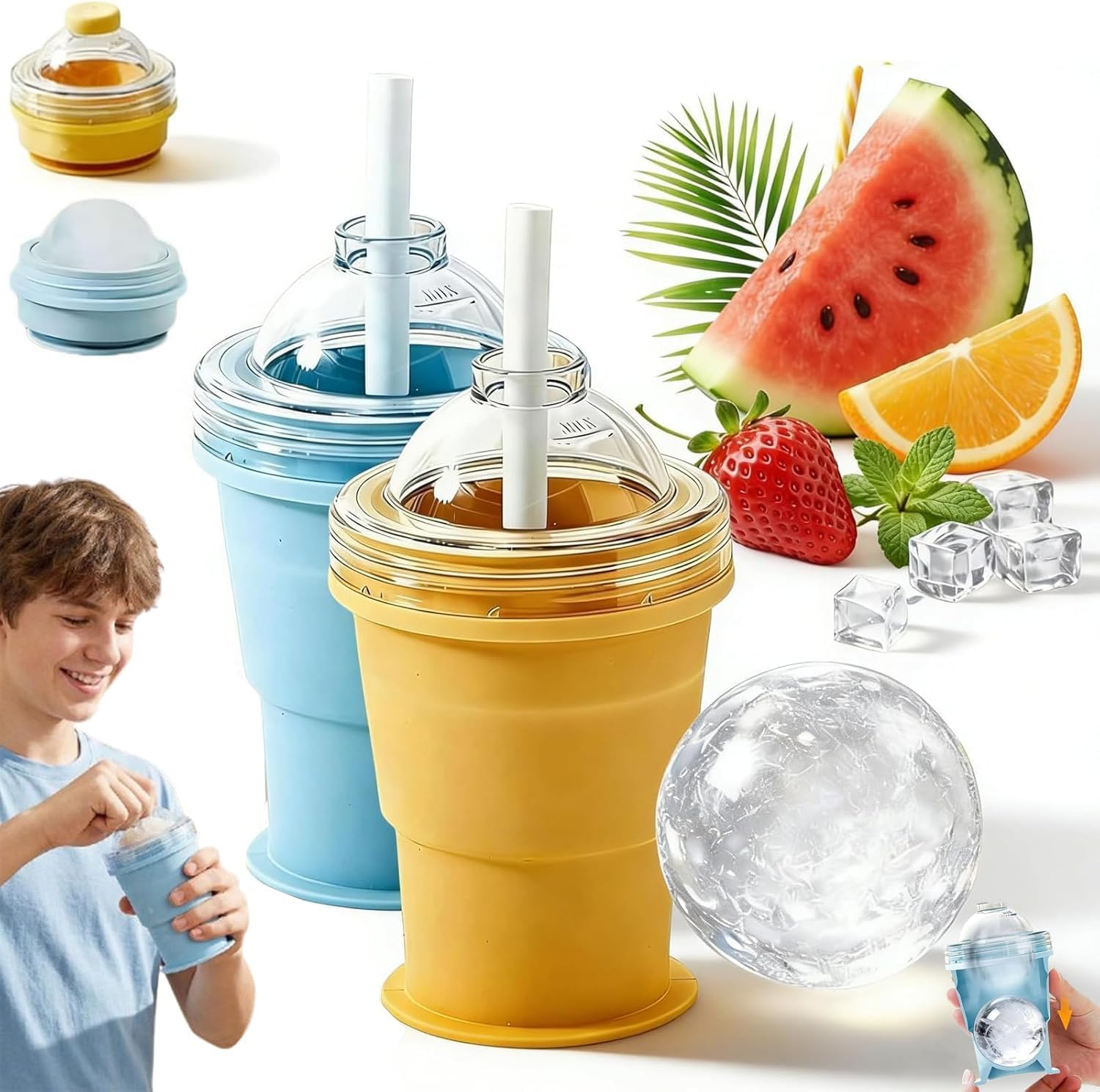2-in-1 Collapsible Silicone Ice Ball Maker Cup,2 Pcs Portable Foldable Ice Hockey Cup with Straw Lid,Silicone IceSphere Mold, Easy Demolding Leakproof Travel Tumbler ForJuice (Yellow+Blue)