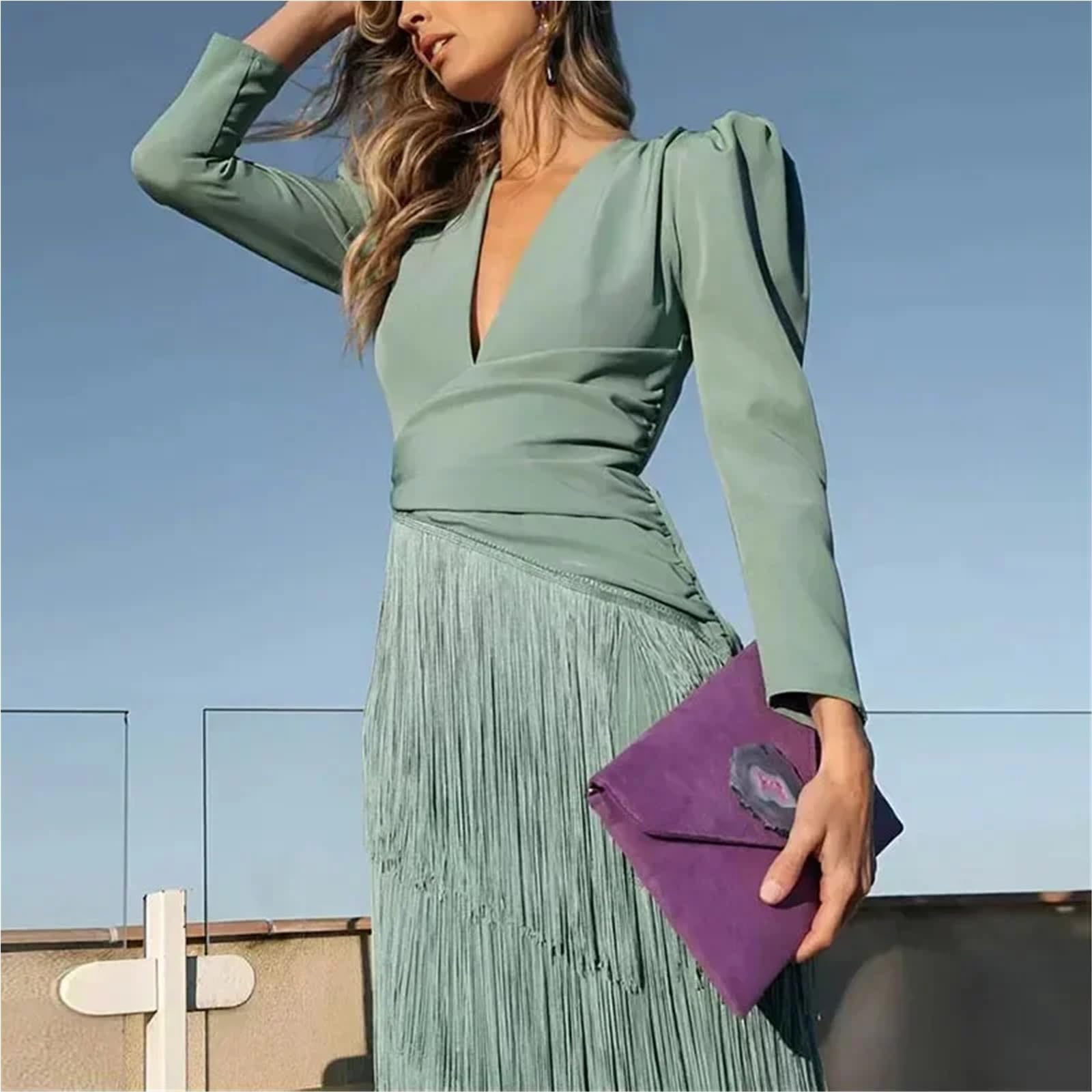 Elegant Deep V Neck Slim Prom Dresses Spring Solid Spliced Tassel Long Dress Woman Autumn Maxi