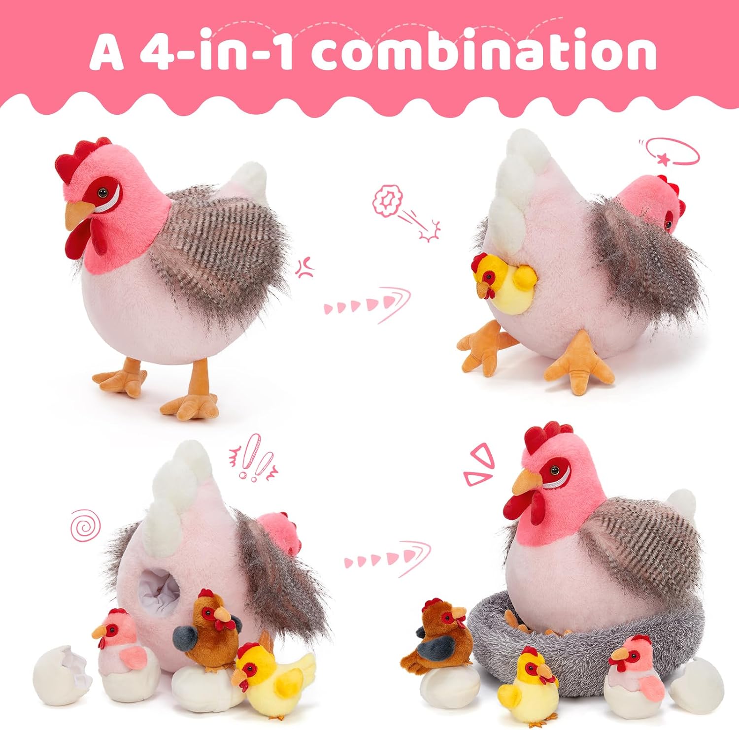 MaoGoLan 8Pcs Chicken Stuffed Animals, Stuffed Laying Hen Chicken Plush Toys with 3 Babies Chickens and 3 Eggs,1 Nest House Plush Set, Cute and Soft Farm Stuffed Animals Gift for Kids,Girls,Boys,Pink