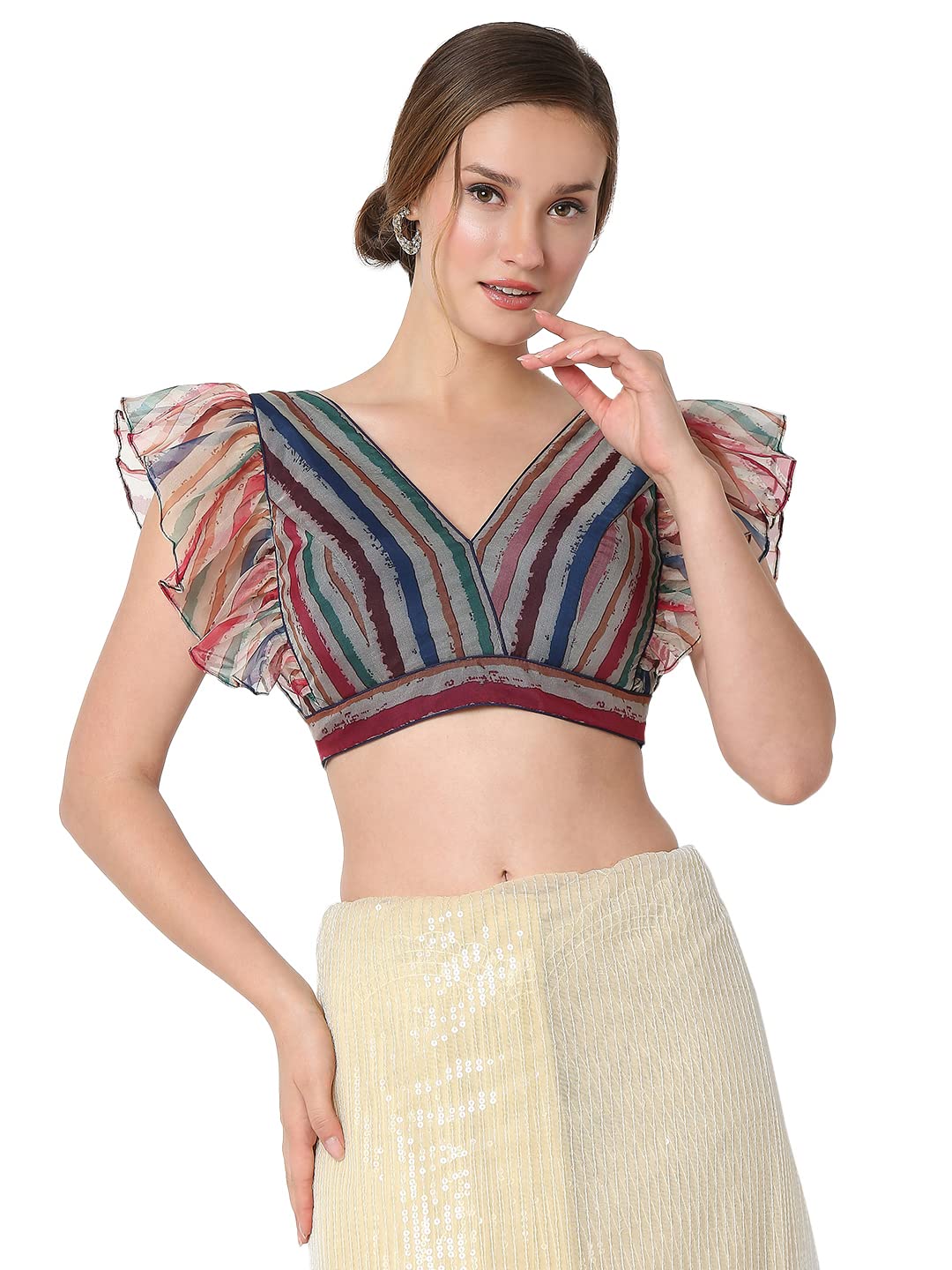 S SALWAR STUDIOWomen's Multicolor Orgenza Printed Readymade Saree Blouse-SSB4099-MULT