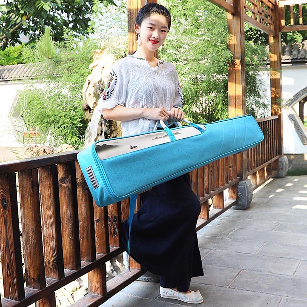 Guzheng torba pogrubiona torba Guqin z antycznymi nadrukami tkanina Oxford Guzheng torba do przechowywania przenośna 7-strunowa torba GuQin z podwójnym paskiem na ramię etui GuQin (jasnoniebieska)