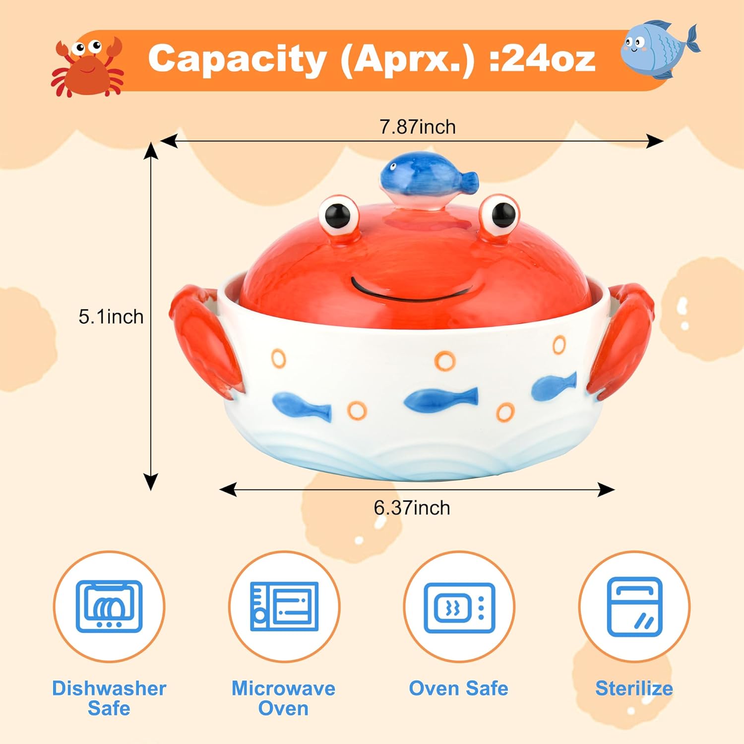 Cute Crab Ceramic Ramen Bowl with Lid and Handles, 24 OZ (680ML) Noodle Soup Bowl for Oven and Microwave Safe Dishwasher Safe for Home, Office, Dorm