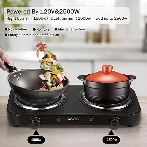 Miniatura 3 de Countertop Double Cast Iron Burner 1800 Watts Electric Hot Plate with Adjustable Temperature 6.1" Cooktop for Dorm, Office, Home, Camp, Compatible