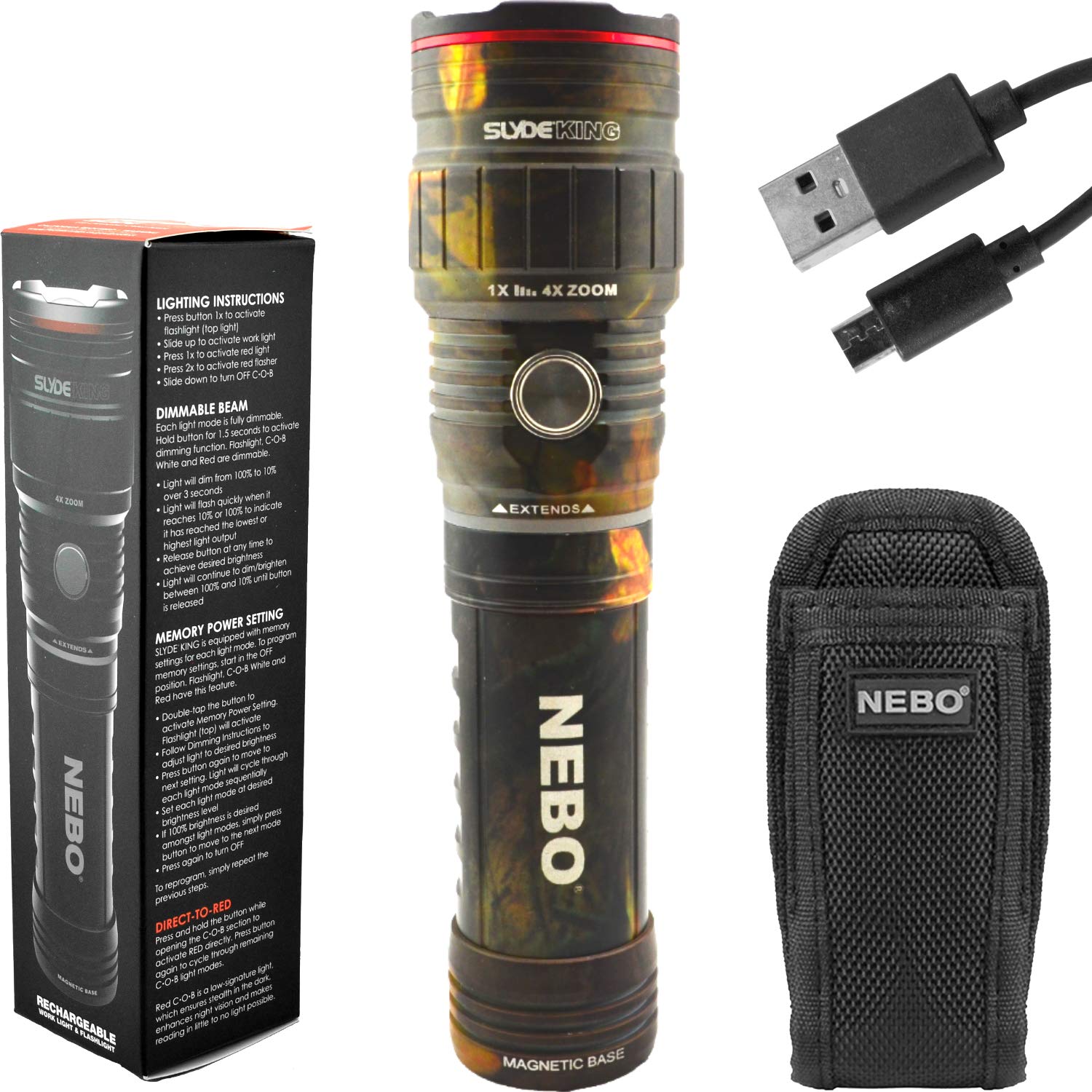 NEBO SLYDE KING 500 Lumen Rechargeable LED Flashlight Bundle with SLYDE Holster (Camo)