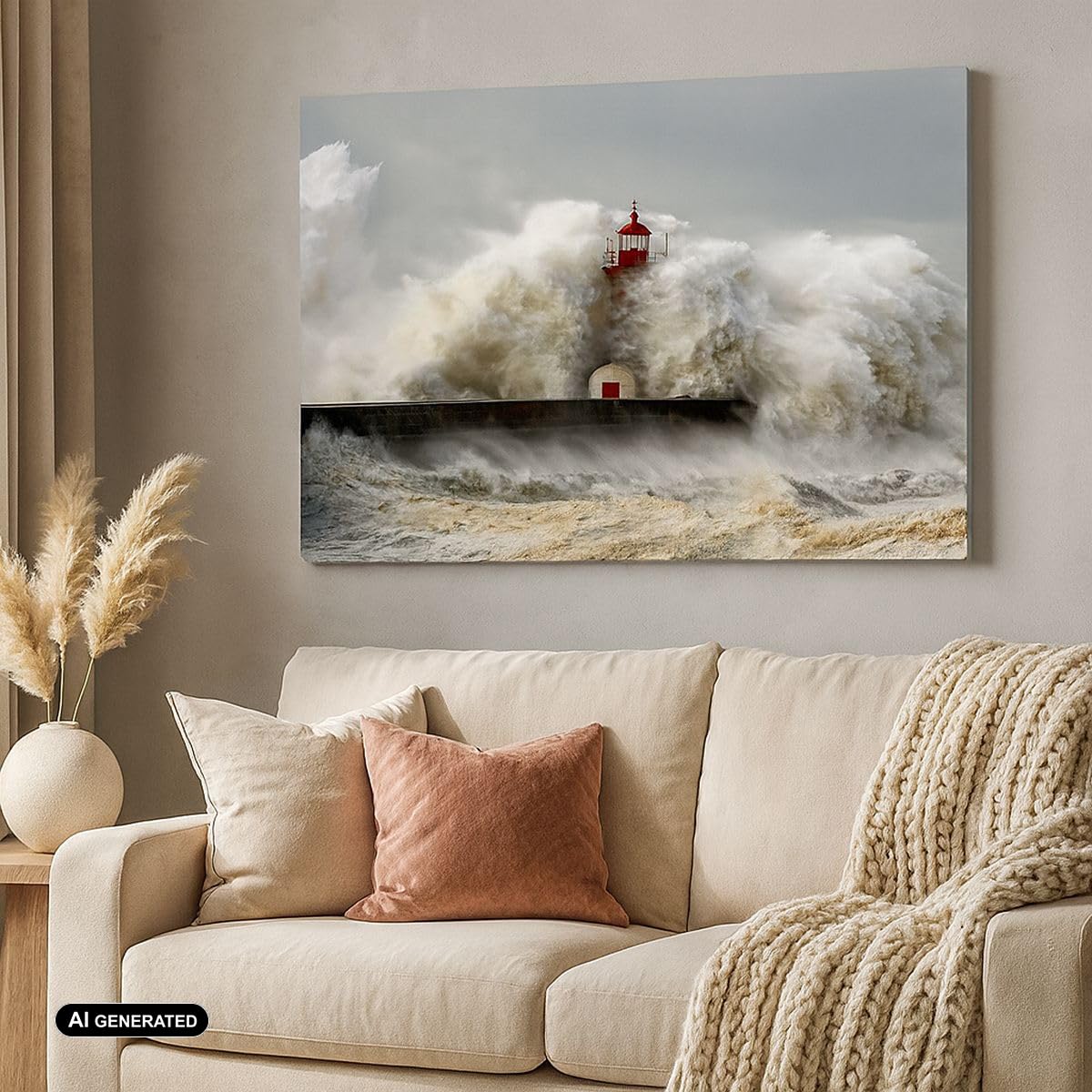 Wandbilder Dekoration Wohnzimmer Leuchtturm Ozean Sturm Bilder auf Leinwand 120x80cm Leinwandbild Schlafzimmer Küche Deko Wand Kunstdruck Art Groß XXL Wanddeko Bild Wall Decor Canvas AA120x80-2442