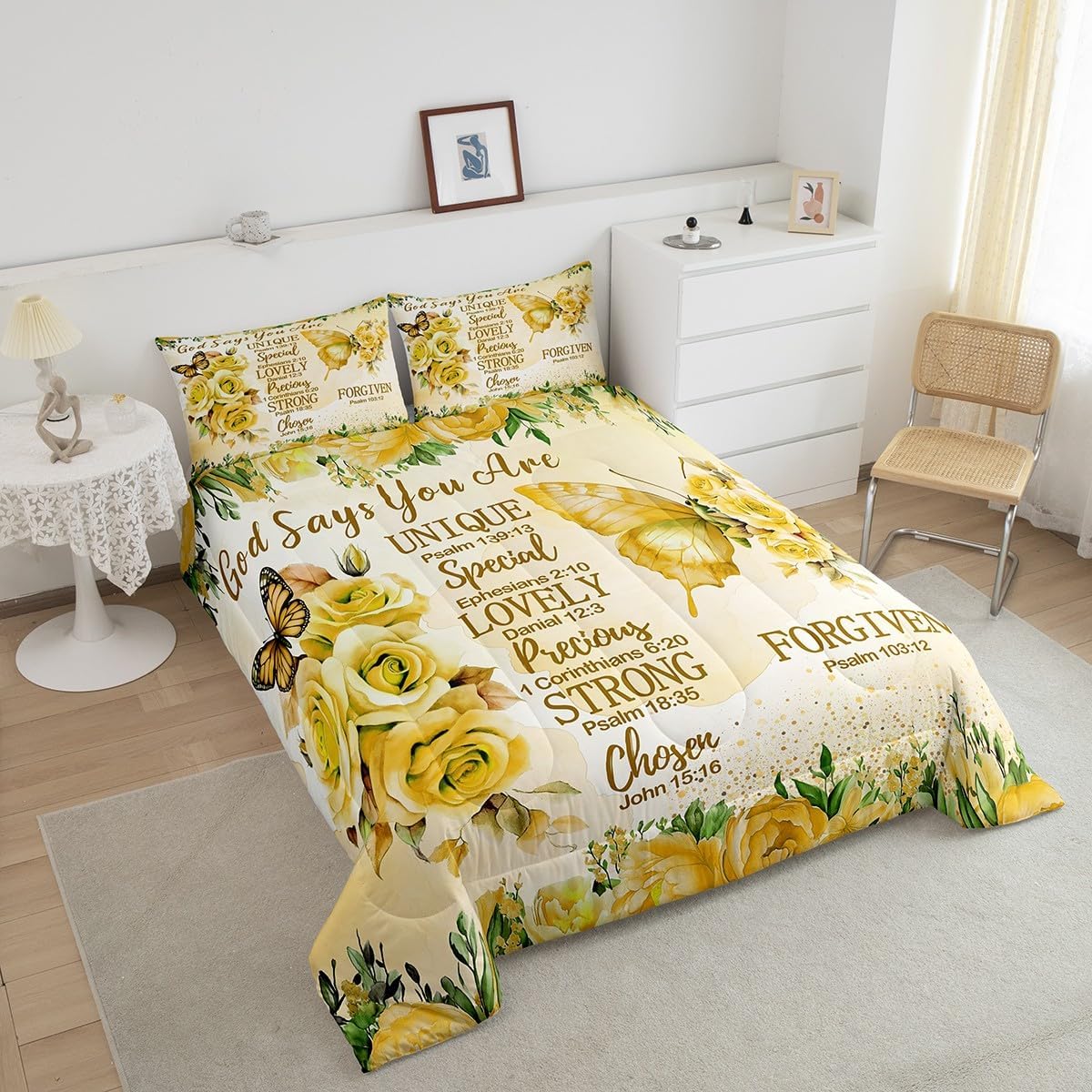 Erosebridal Boho Yellow Butterfly Twin Comforter Set for Girls Inspirational Quotes Bedding Sets for Kids Teens Adults Lemon Yellow Rose Colorful Floral Quilt Bohemian Butterflies Chic Duvet Insert