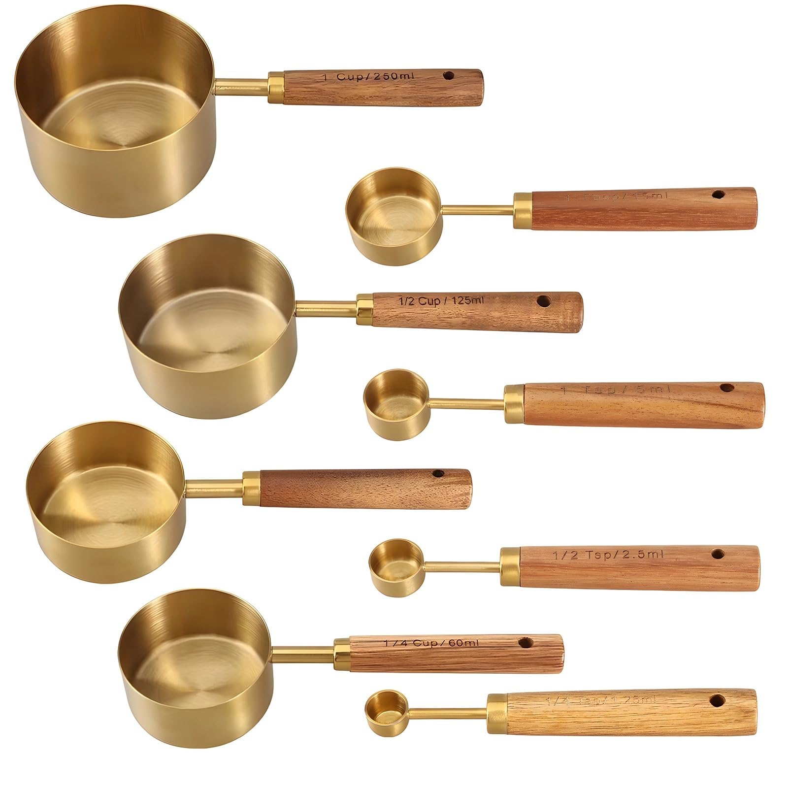 Juego de 8 cucharas medidoras chapadas en cobre con asas de madera, tazas y cucharas para café, hornear, especias y preparación de cocina