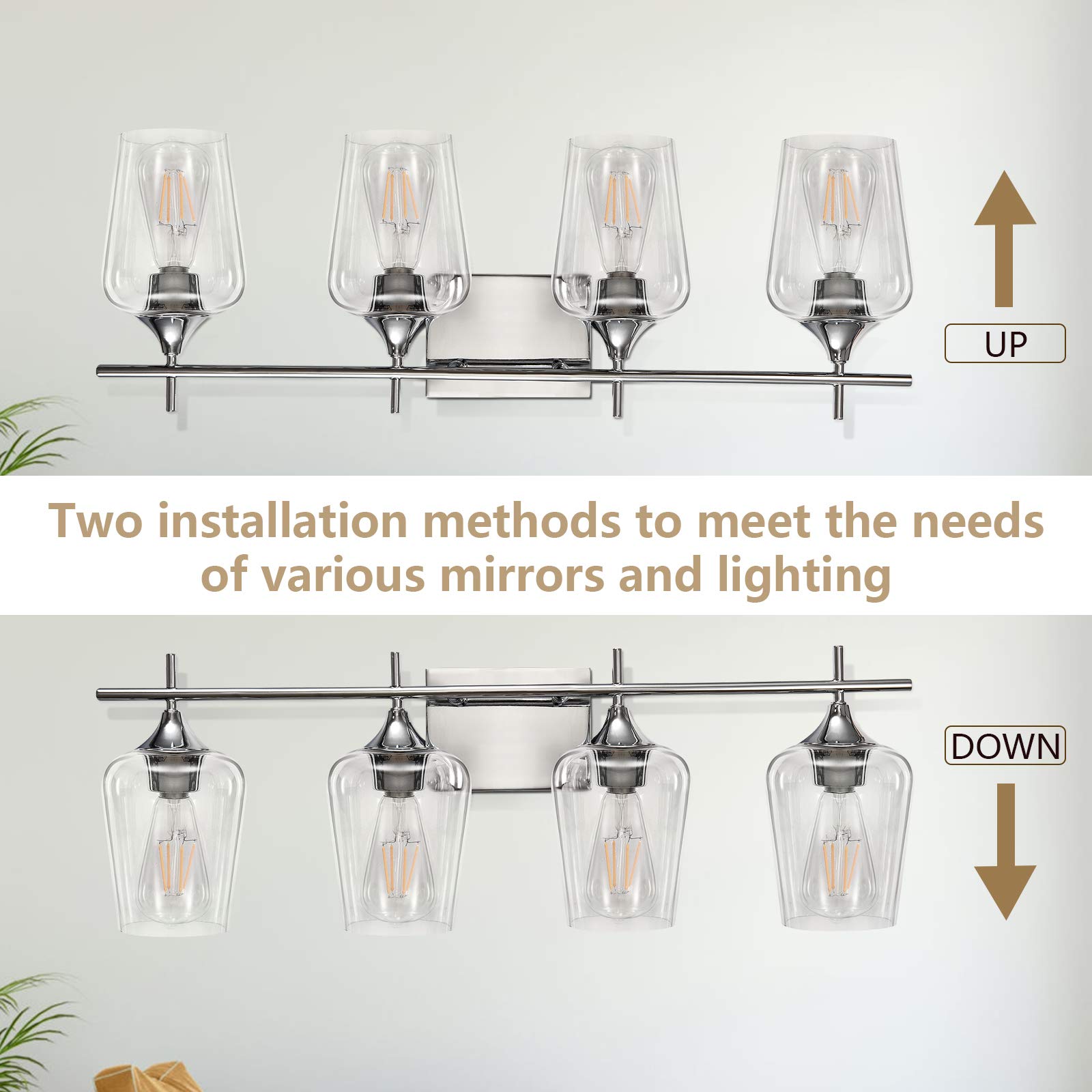 Zicbol Vanity Lights Fixtures, 4 Light Bathroom Light, Chrome Wall Light with Clear Glass Shade, Modern Bathroom Wall Sconce Lighting for Bath, Living Room, Bedroom, Stairs, Gallery, Restaurant