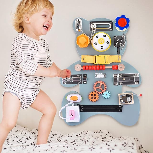 Pakuyi Busy Board Wooden Preschool Educational Learning Board for Toddlers Age 1-3 Montessori Toddler Toys with Lacing Sorter Gears Zipper Lock for Motor Skills and Problem Solving