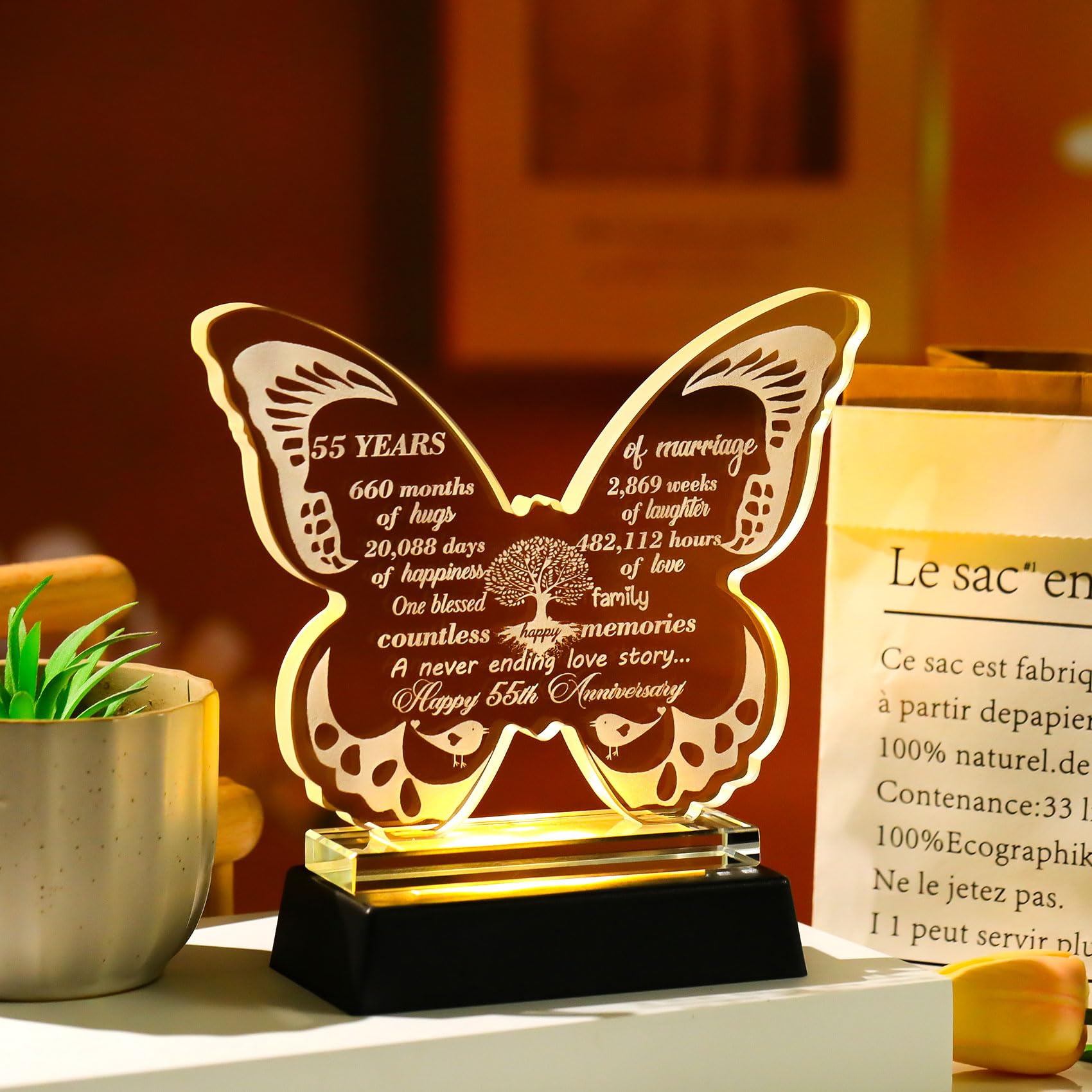 Ornalrist Happy 55th Wedding Anniversary Romantic Gifts for Couples Wife 13.6cm Glass Butterfly-shaped 55 Years of Marriage Keepsake with LED Base Ideas Presents for Parents Friends - Image 4