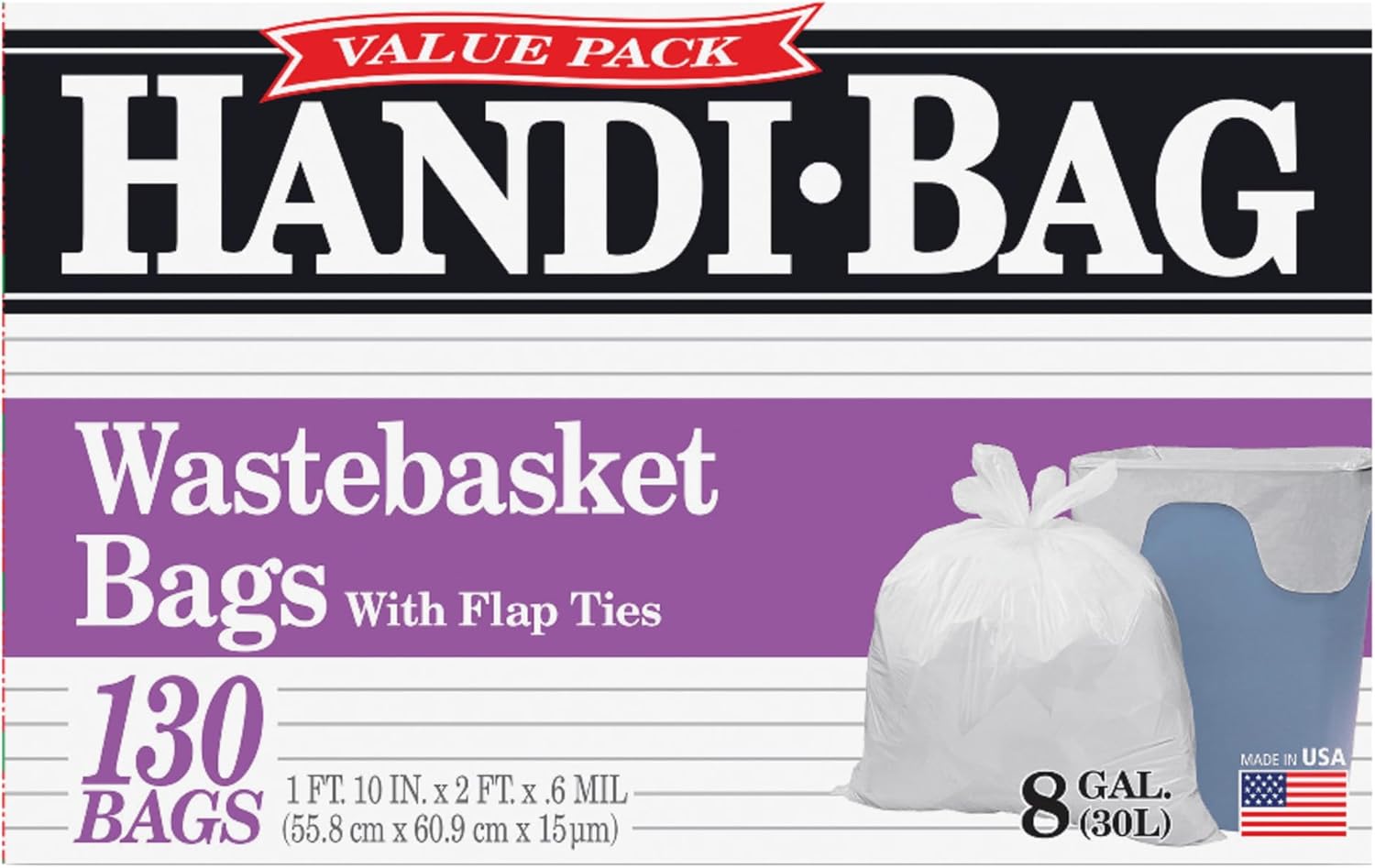 Webster HAB6FW130 Handi Bag 8 Gallon Super Value Pack Waste Basket Bag, 0.6 Mil, 24" Height x 22" Width, White (Case of 130)