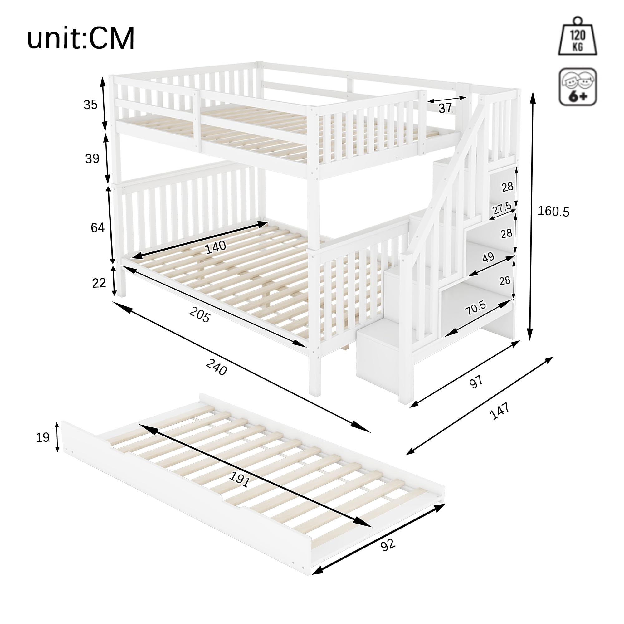 Litera de 140 x 200 cm, con cama plegable, barandilla alta, certificado EN747-1 (blanco-2)