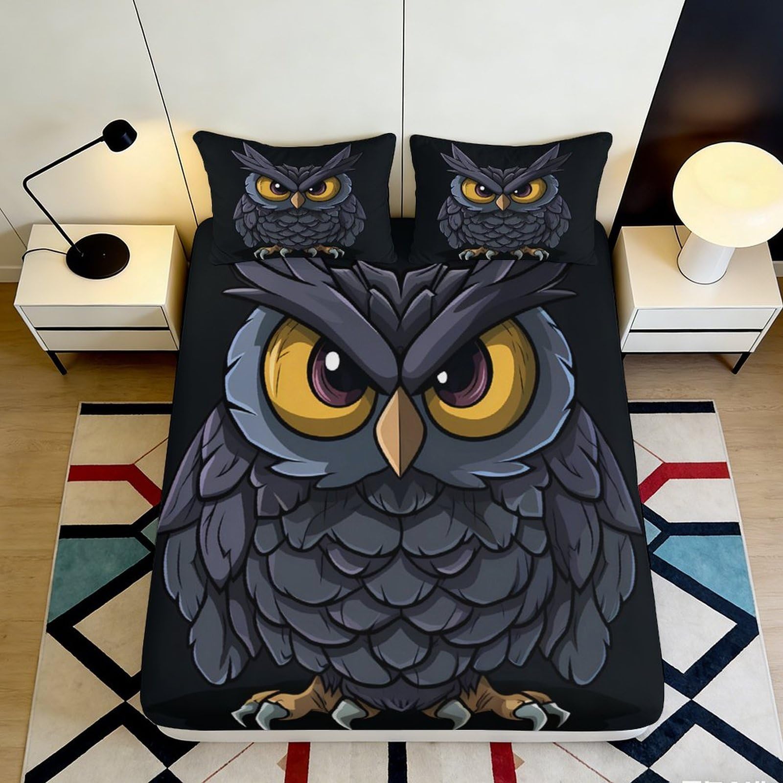 3D Printed Cartoon Owl Fitted Sheet Microfiber Soft Black Bed Cover for Bedroom Guest Room Mattress Decor 90x200x25cm
