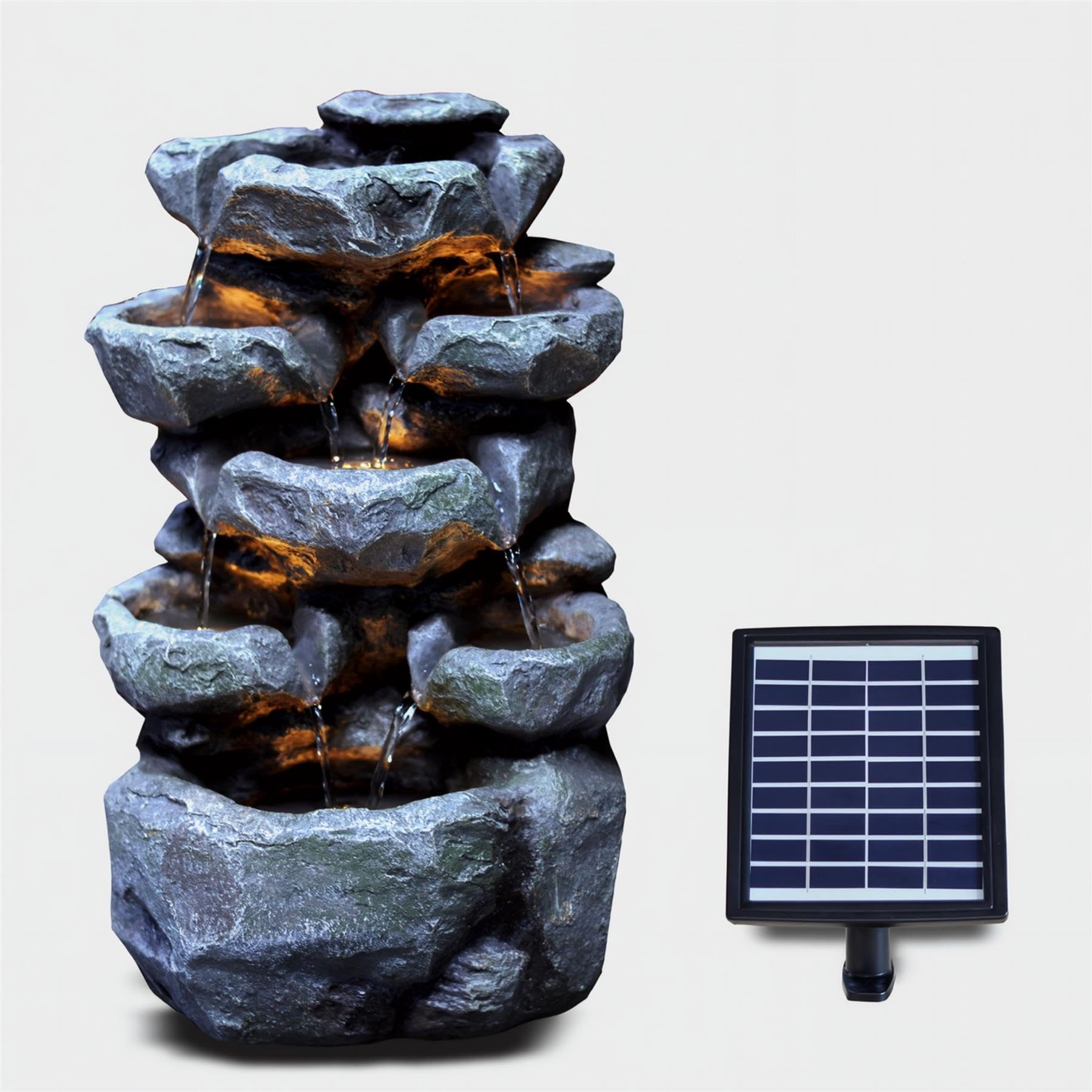 Geezy (Solar Rock Fountain) Solar Led Outdoor Garden Water Feature Cascading Fountain Statue Home Decoration