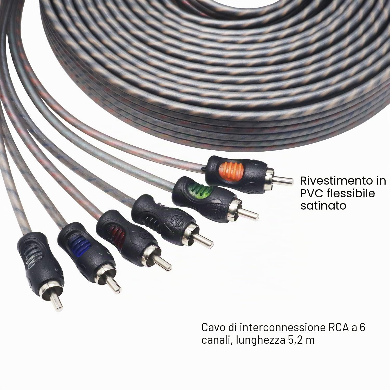 RECOIL RCI617 Cavo RCA Auto OFC 6 Canali 5,1m Doppino Intrecciato | 17ft, 99,99% Rame OFC, Soppressione Rumore – Cavo Audio RCA per Auto
