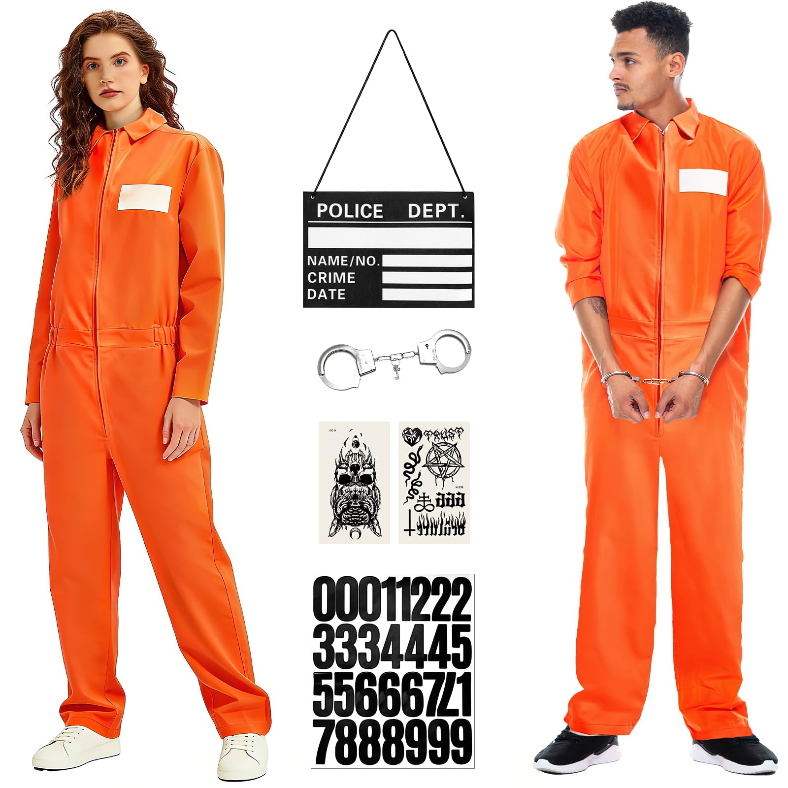 XJGQZ 5 Pcs Prisoner Jumpsuit Men, Orange Prison Jail Inmate Halloween Costume Outfit, Adult Prisoner Costume (2XL)