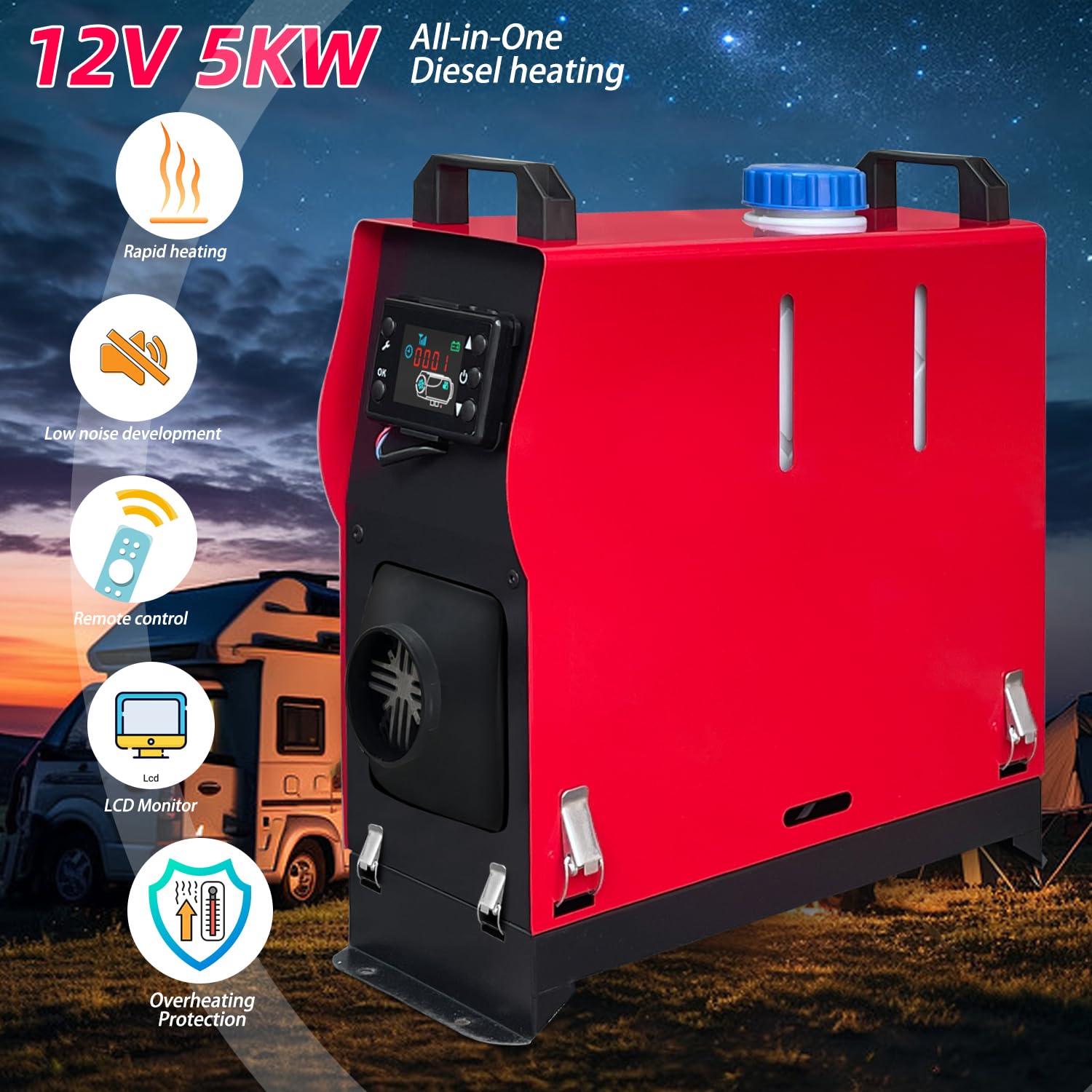 12V 5-8kW Dieselheizung Standheizung, Luftheizung Air Diesel mit LCD-Anzeige & Fernbedienung & Bluetooth-APP, Standheizung Lufterhitzer fur Auto, Wohnmobil, Boote, RV, LKW(07R-5KW-All in one)