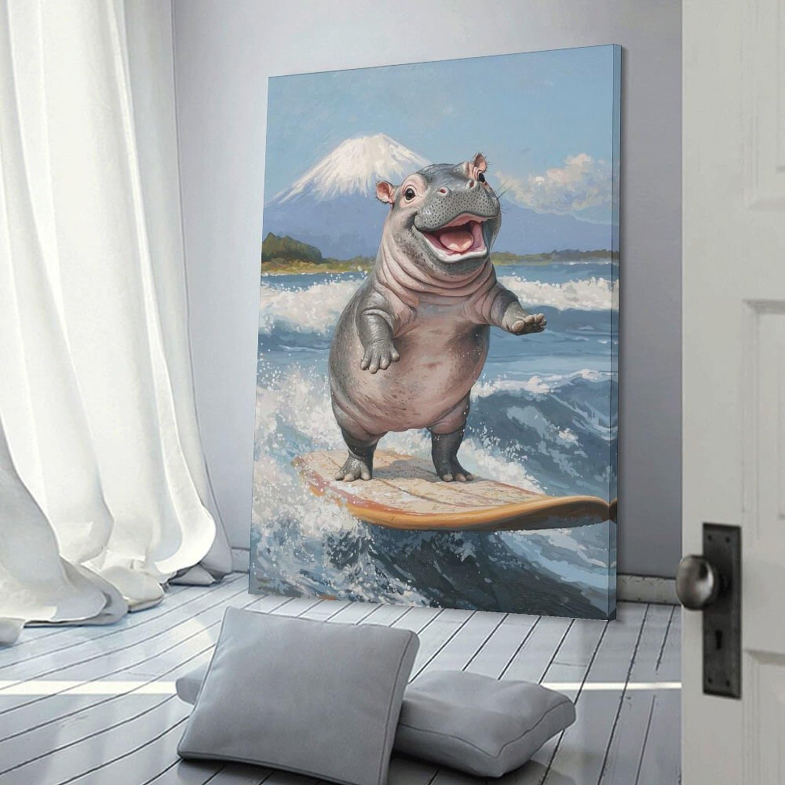 Junmoney Room Decor Wall Art Smiling Hippo Surfing, 20x30inch(50x75cm), for Wall Displays, Bedrooms Or Room Updates, An Easy Match for Collected Prints