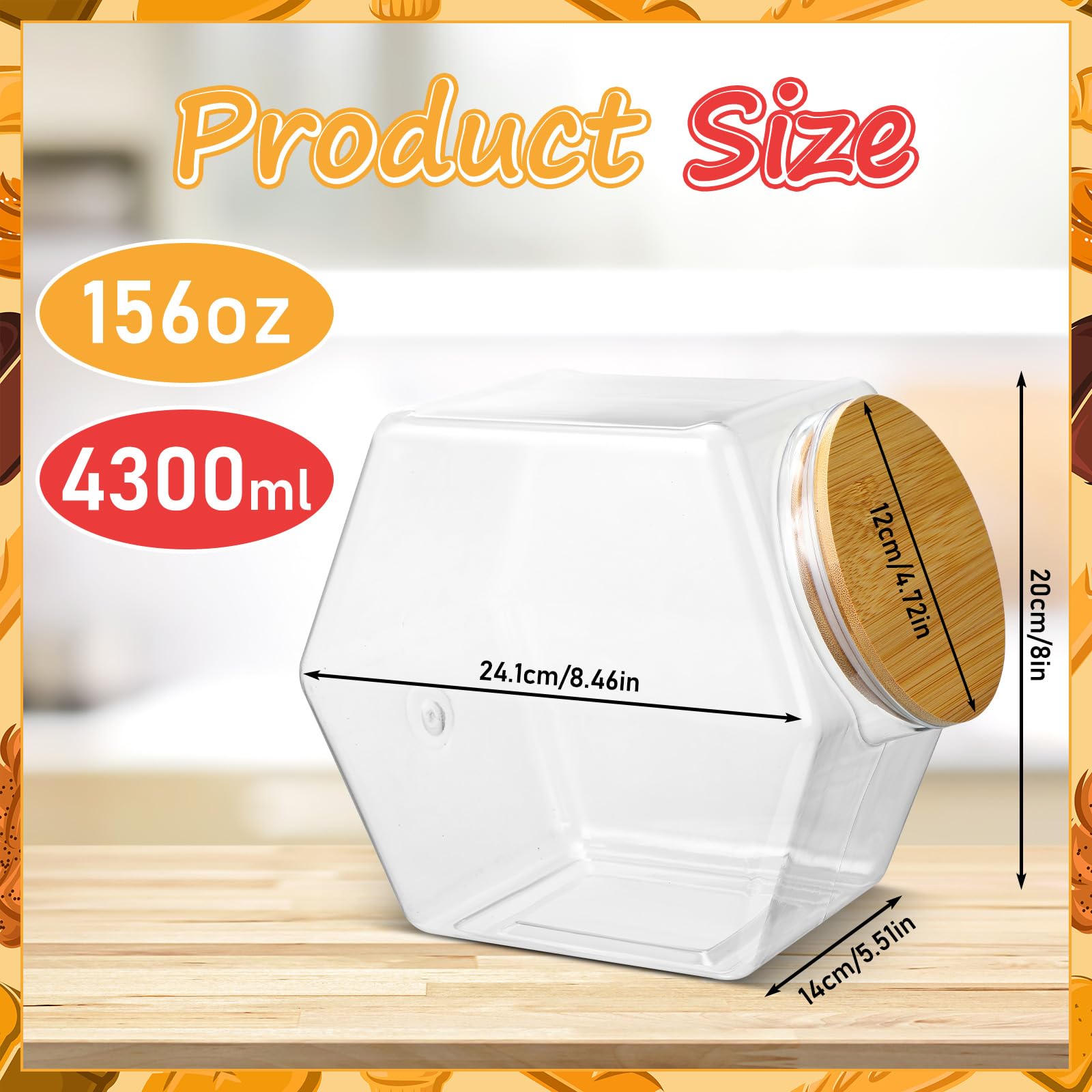 Pickmesh 1 Pc 156 oz Hexagonal Plastic Candy Jar with Airtight Bamboo Lid Hexagon Cookie Jars Clear Containers for Kitchen Storage Snacks,dog Food, Coffee Pod, Laundry Pod