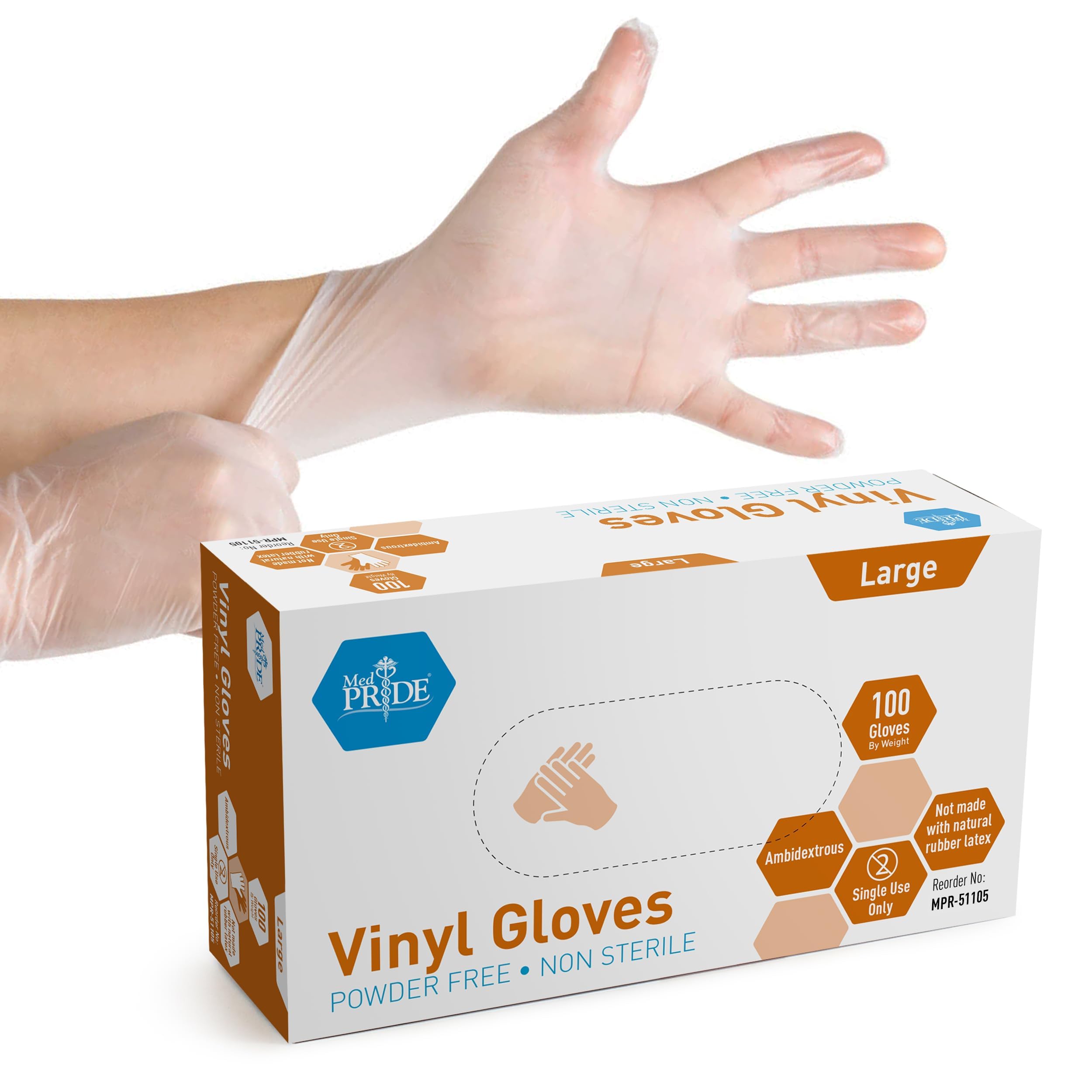 MedPride General Purpose Powder-Free Vinyl Gloves, Large, Box/100