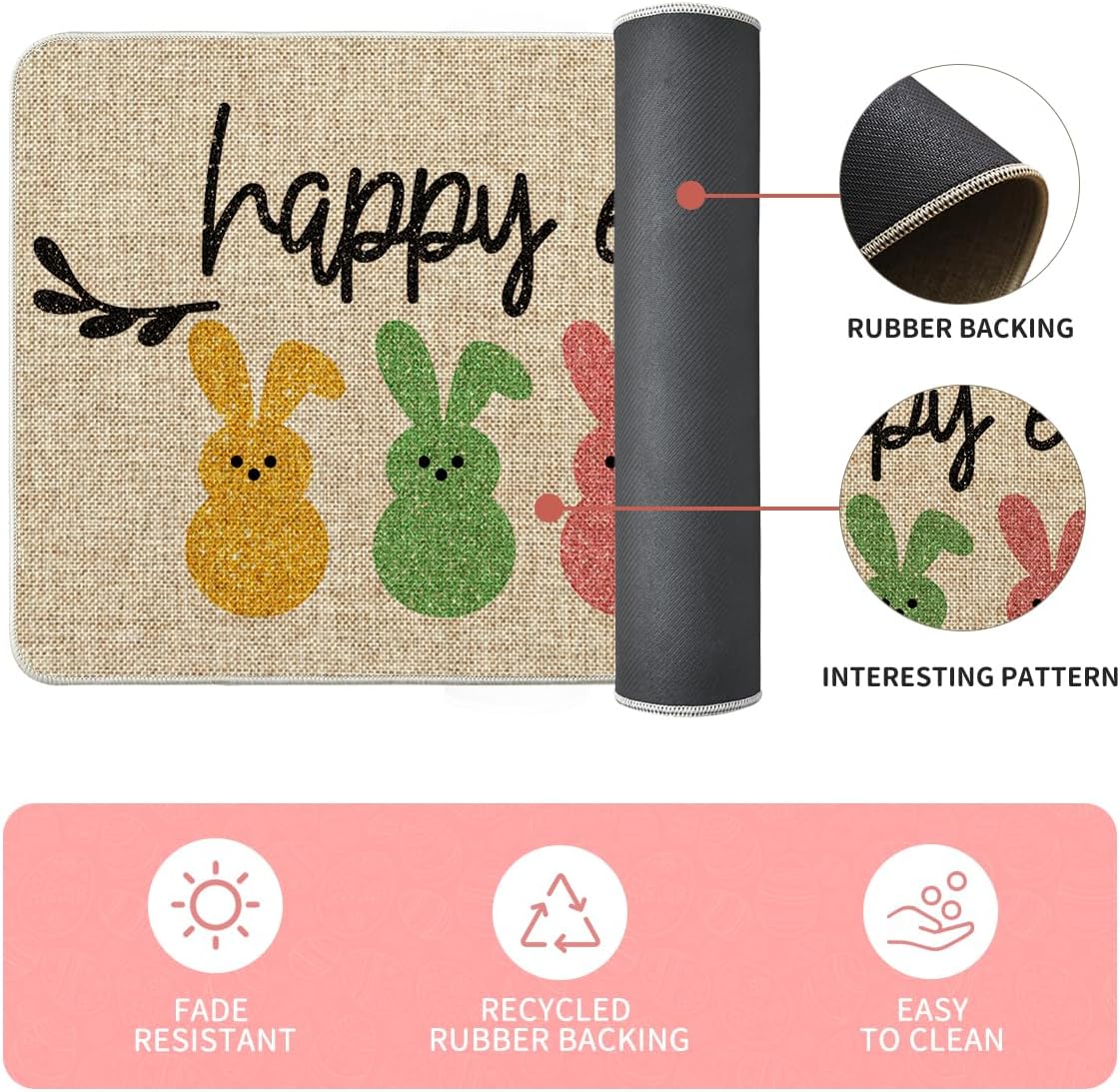 Artoid Mode Happy Easter Rabbits Decorative Kitchen Mats Set of 2, Home Seasonal Spring Easter Holiday Holiday Party Low-Profile Floor Mat - 17x29 and 17x47 Inch