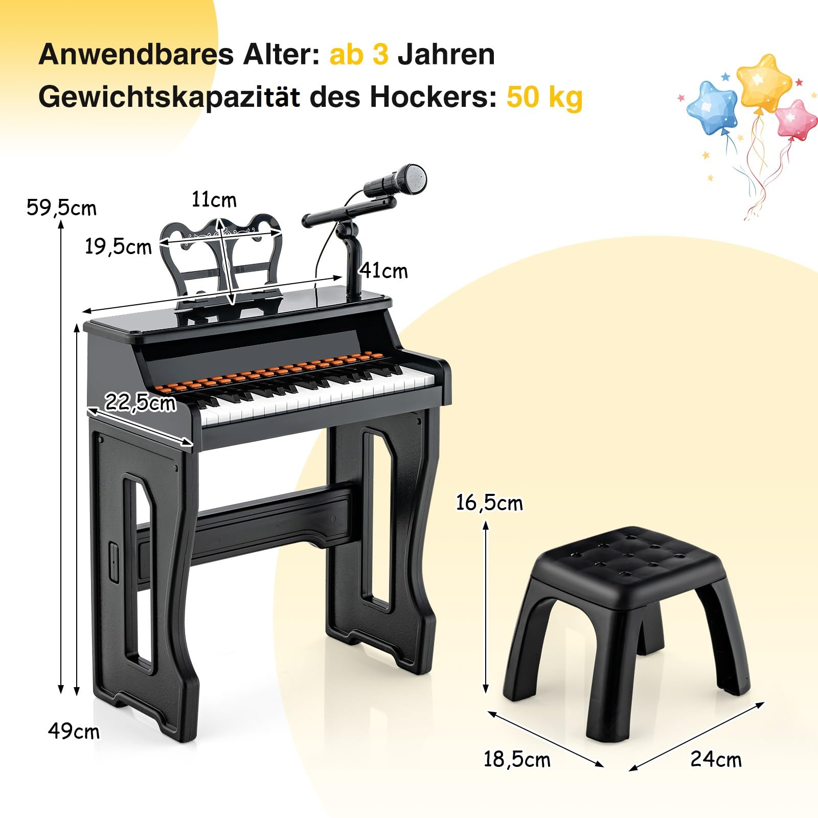 COSTWAY 37-Tasten Kinder Keyboard, elektronisches Kinderklavier mit Hocker, verstellbarem Mikrofon & Notenständer, Kinderpiano Klaviertastatur für Kinder ab 3 Jahren (Schwarz)