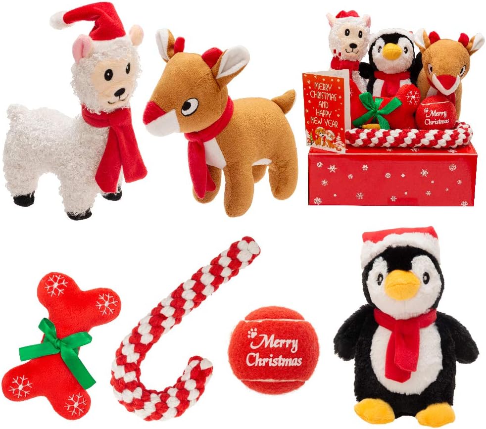 Christmas Dog Toys 6 Pack Gifts - Squeaky Cute Penguin/Reindeer/Alpaca/Bone Plush Toy, Rope and Tennis Ball for Small Dogs