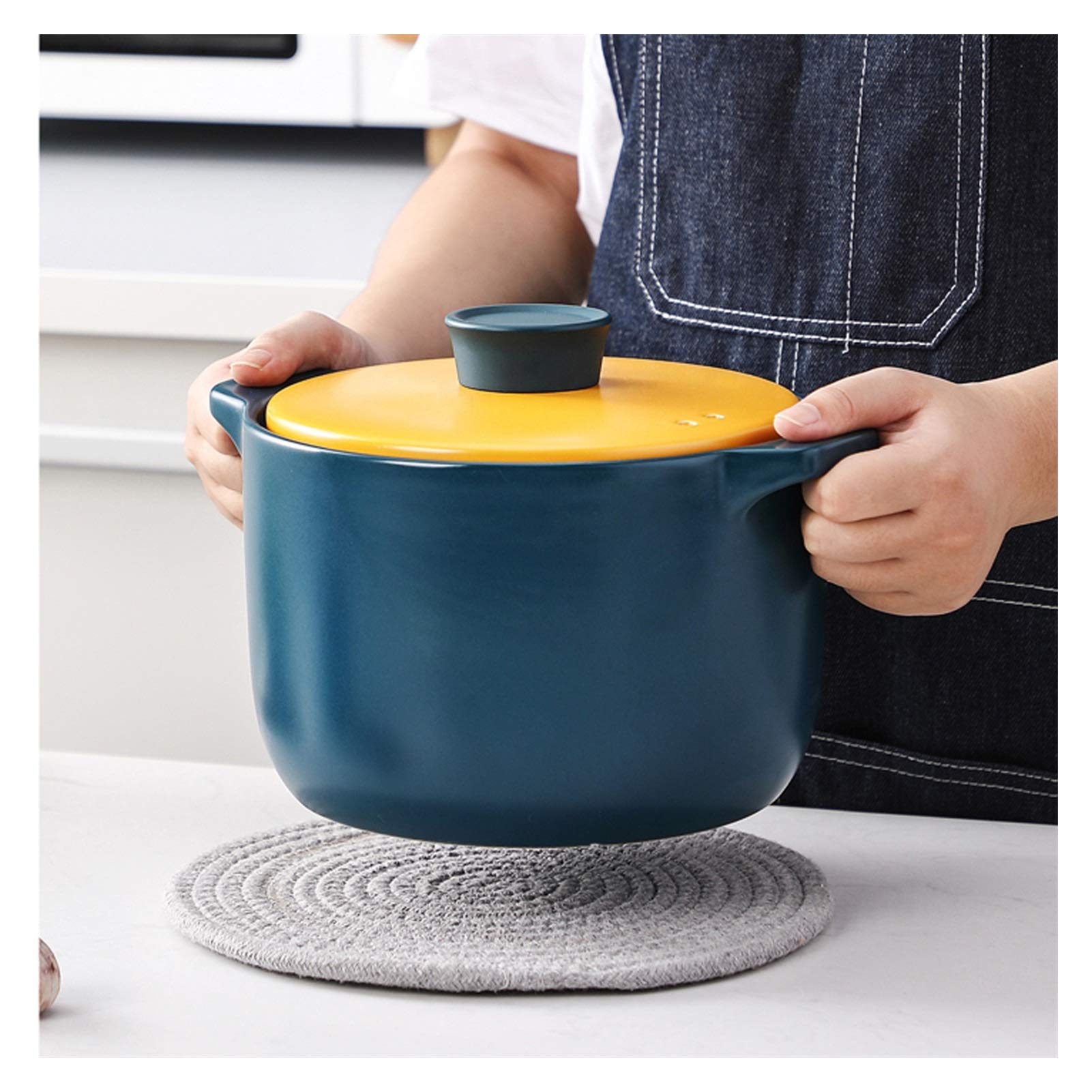 Ceramiczny garnek do zapiekanek, okrągły garnek do zupy 3,6 l, trwałe naczynia kuchenne, nieprzywierające przybory kuchenne z żółtą pokrywką dla łatwego serwowania i przechowywania