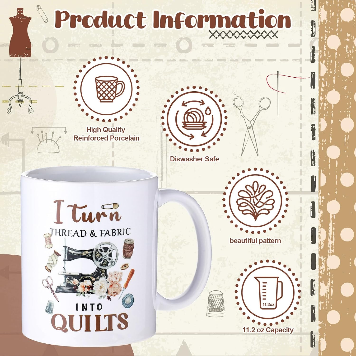 Abbylike 5 Pcs Sewing Gifts for Seamstress Mother's Day Sewing Gifts Canvas Bag Cosmetic Bag Quilting Coffee Mug Socks 11 oz Cup Quilter Keychain Presents for Mom Quilters Lovers(Brown,Retro)