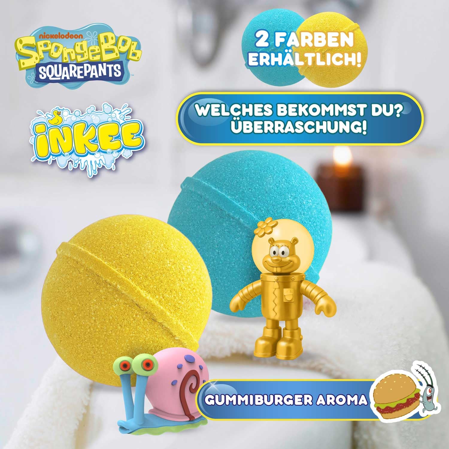 INKEE SpongeBob Bomba da Bagno con Sorpresa - Palla Bagno Bambini con Figura e Tatuaggio, Profumo Anguria, 100g, 7 Figure Collezionabili Edizione Oro