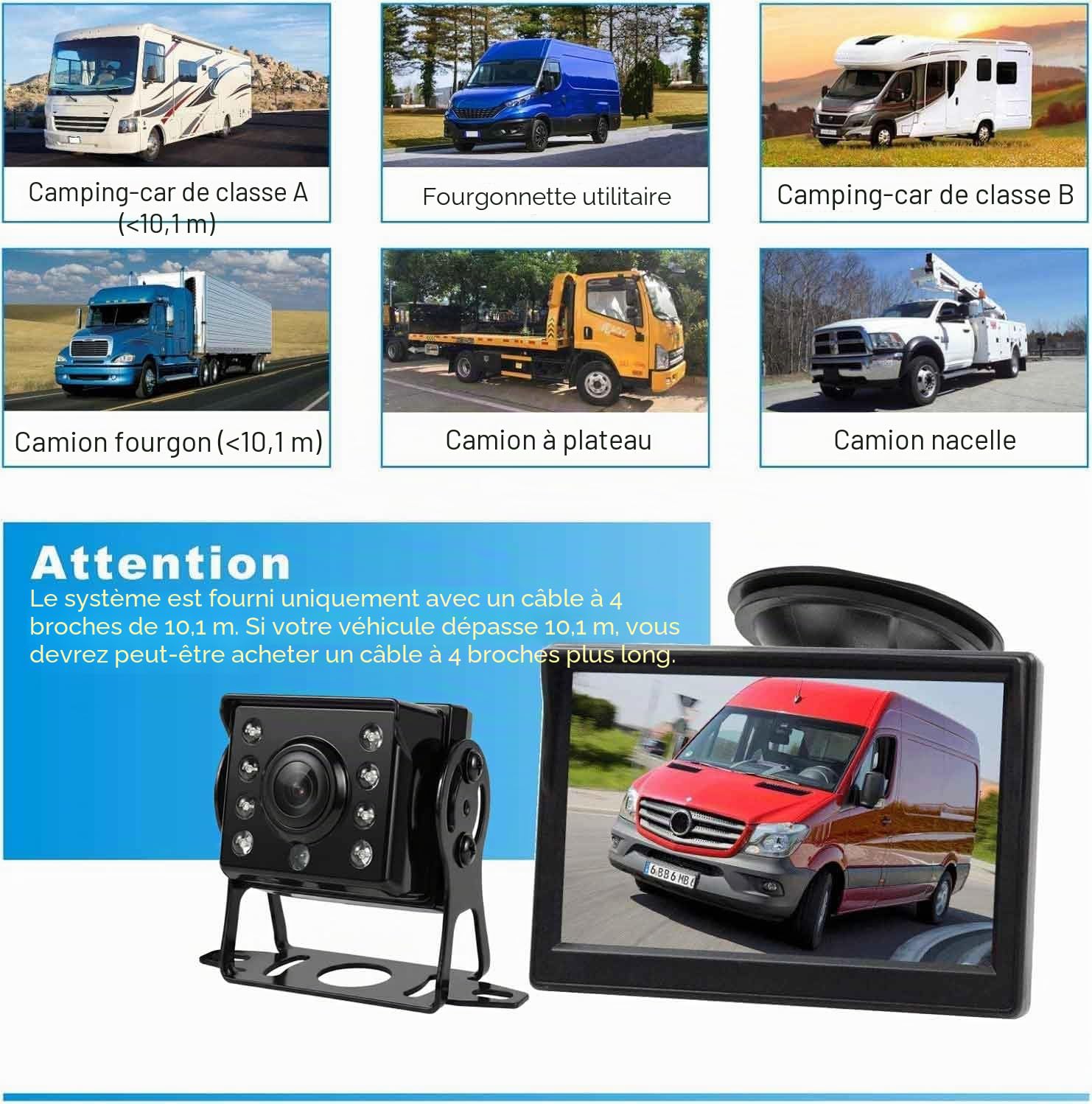 Caméra de recul 4 Broches pour Voiture Système d'aide au stationnement, 12 V-24 V 12,7 cm TFT LCD HD écran Couleur HD + 8 LED infrarouges Vision Nocturne étanche Caméra de recul de Marche arrière
