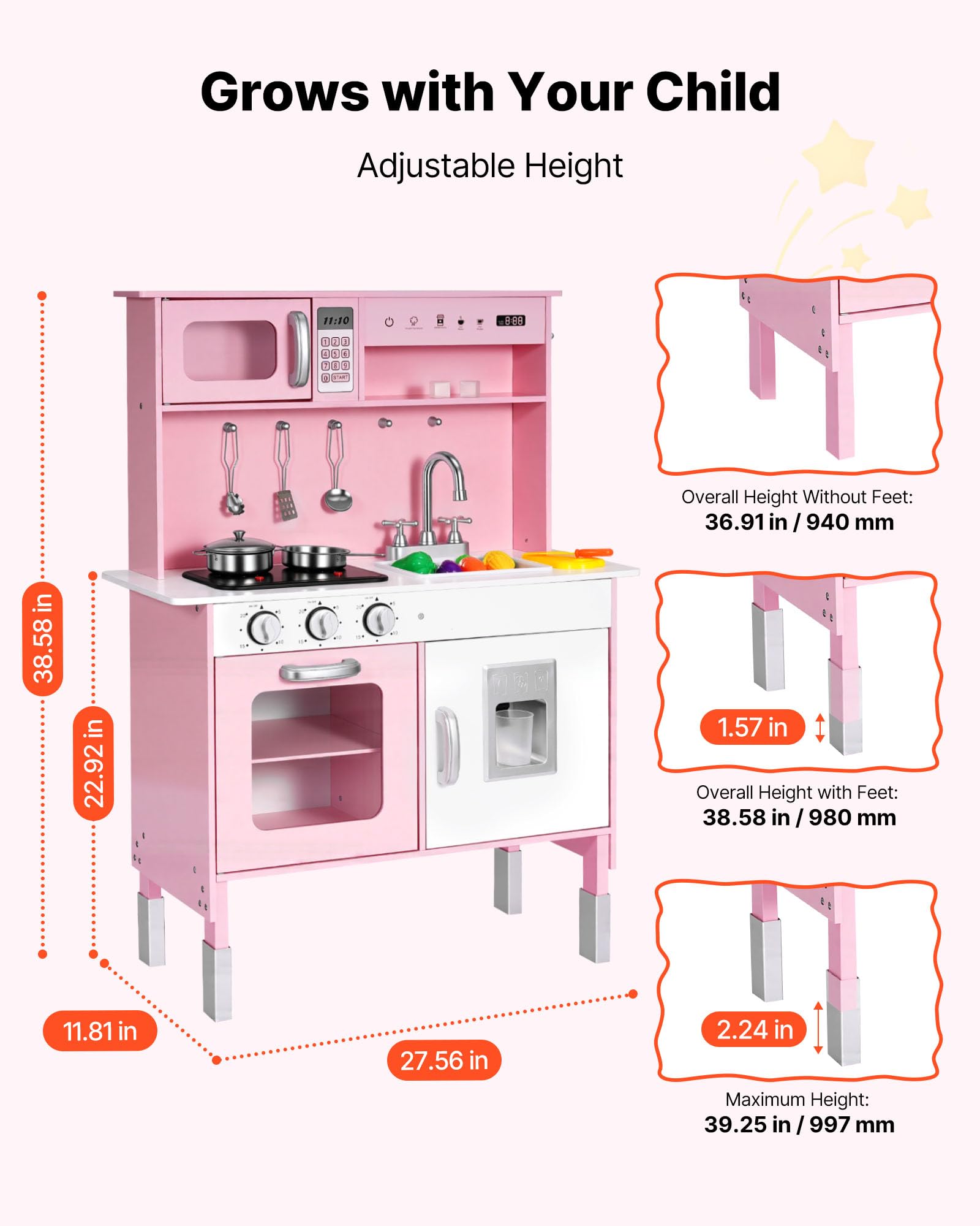 VEVOR Cocina de Juguete para Niños de 3 a 8 Años, Cocinita Infantil de Madera con Luces y Sonidos, Zonas Interactivas, Fregadero, Microondas, Accesorios, Juego de Cocina con Almacenamiento, Color Rosa