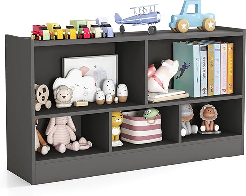 Miniatura 10 de KOTEK Organizador de almacenamiento de juguetes, estantería infantil de 5 cubos, estantería de madera de 3 niveles, estante abierto para guardería,