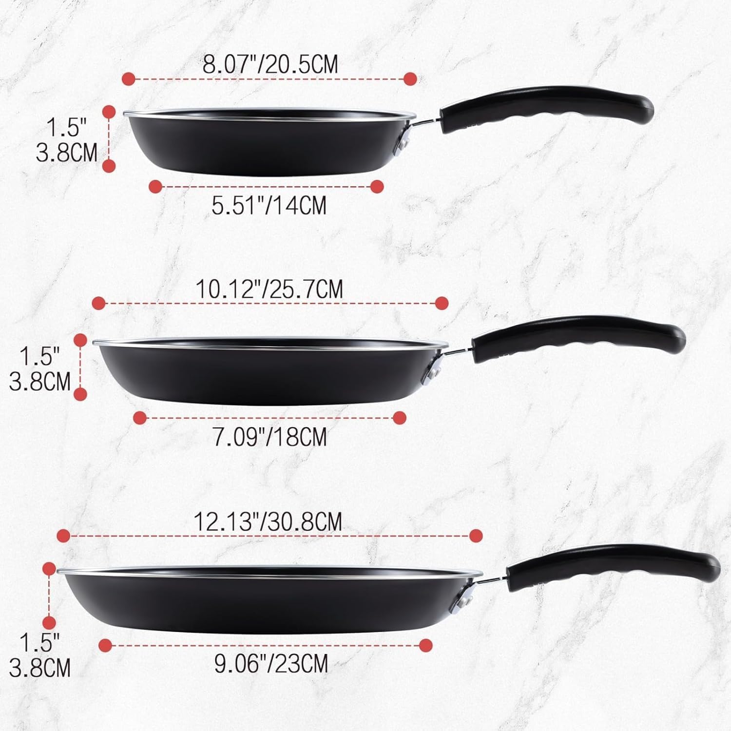 Nonstick Frying Pan Set - Iron Frying Pan 3-Piece Set (8", 10", 12") + 2 Silicone Spatulas, With Premium Nonstick Coating, Up to 450°F, Skillet Suitable for Induction, Gas & More - Image 2