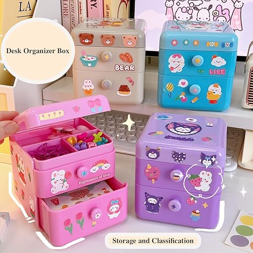 Miniatura 8 de Organizador de escritorio pequeño Kawaii con tapa y 2 cajones bonito organizador de escritorio Kawaii con calcomanías de bricolaje para adolescentes