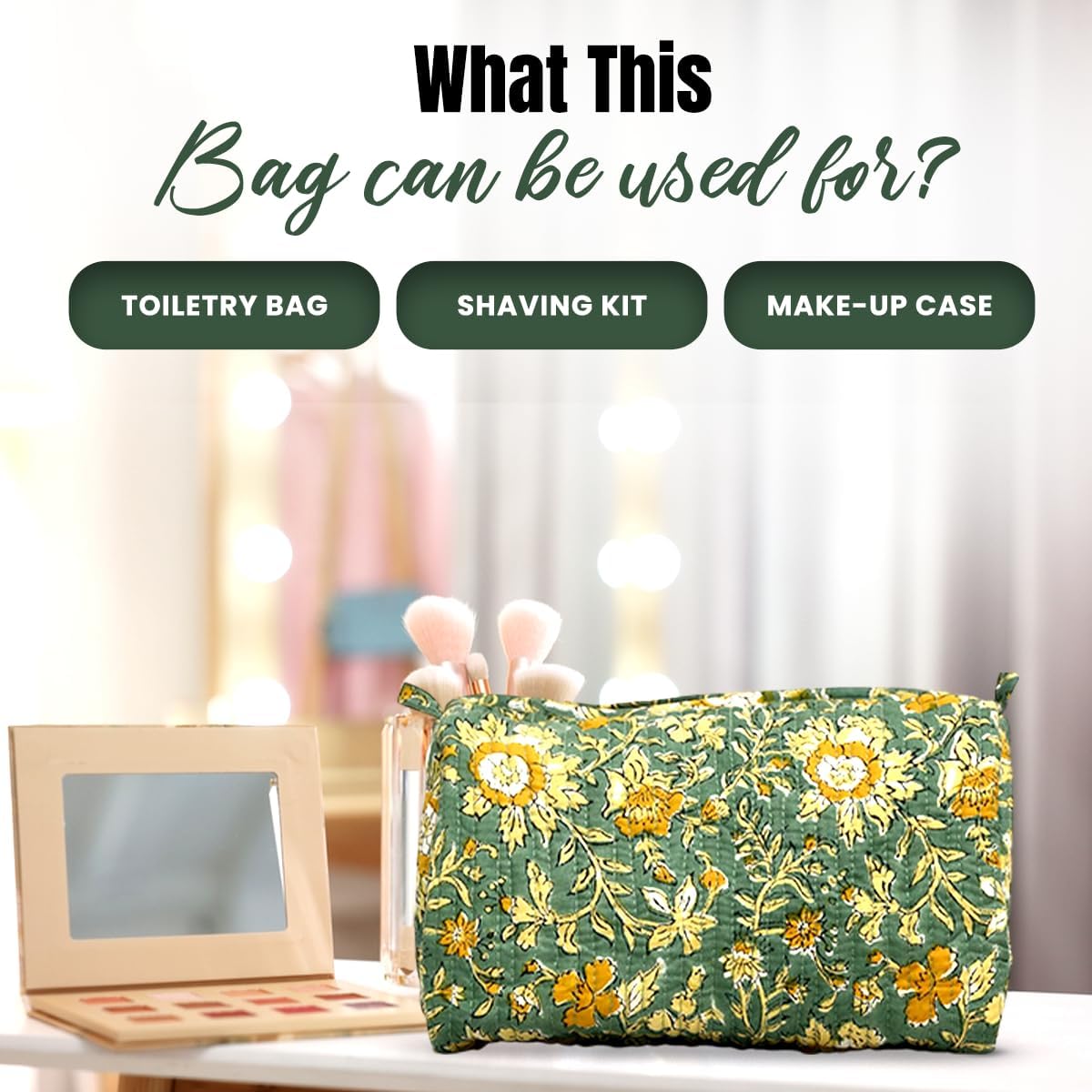 Cotton Hand Block Floral Print Toiletry Bag For Women Make Up Cosmetic Bag Jewelry Organizer Kit Storage Bag Case Travel Accessories Essentials Toiletries Purse Open Pouch, Green (9.25"x 6.88"x 4.5") - Image 4