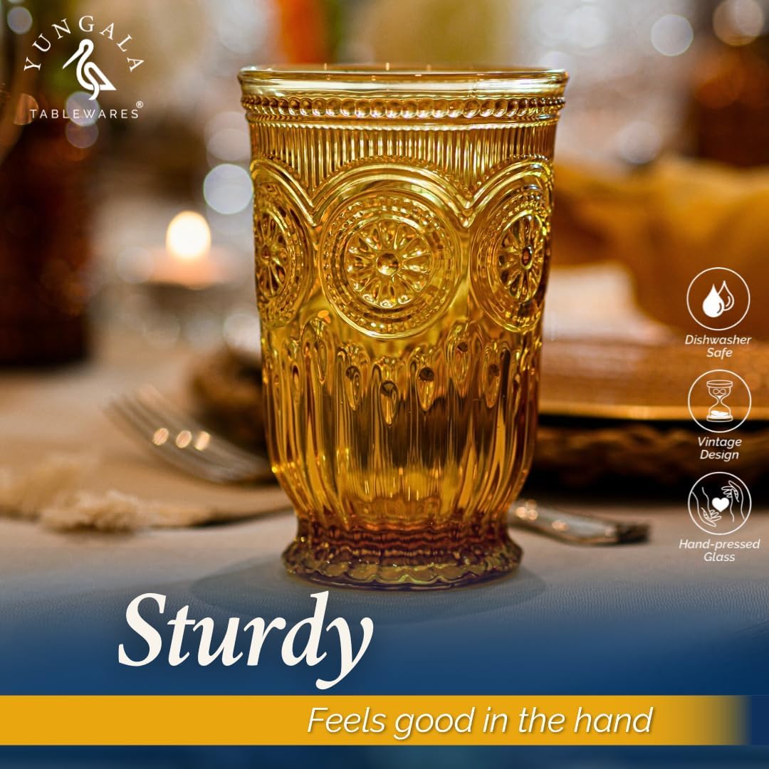 Yungala Amber Glassware Bundle - Amber Highball Glasses and Amber Small Drinking Glasses - Matching Amber Glassware Sets with Sunflower Emboss Design