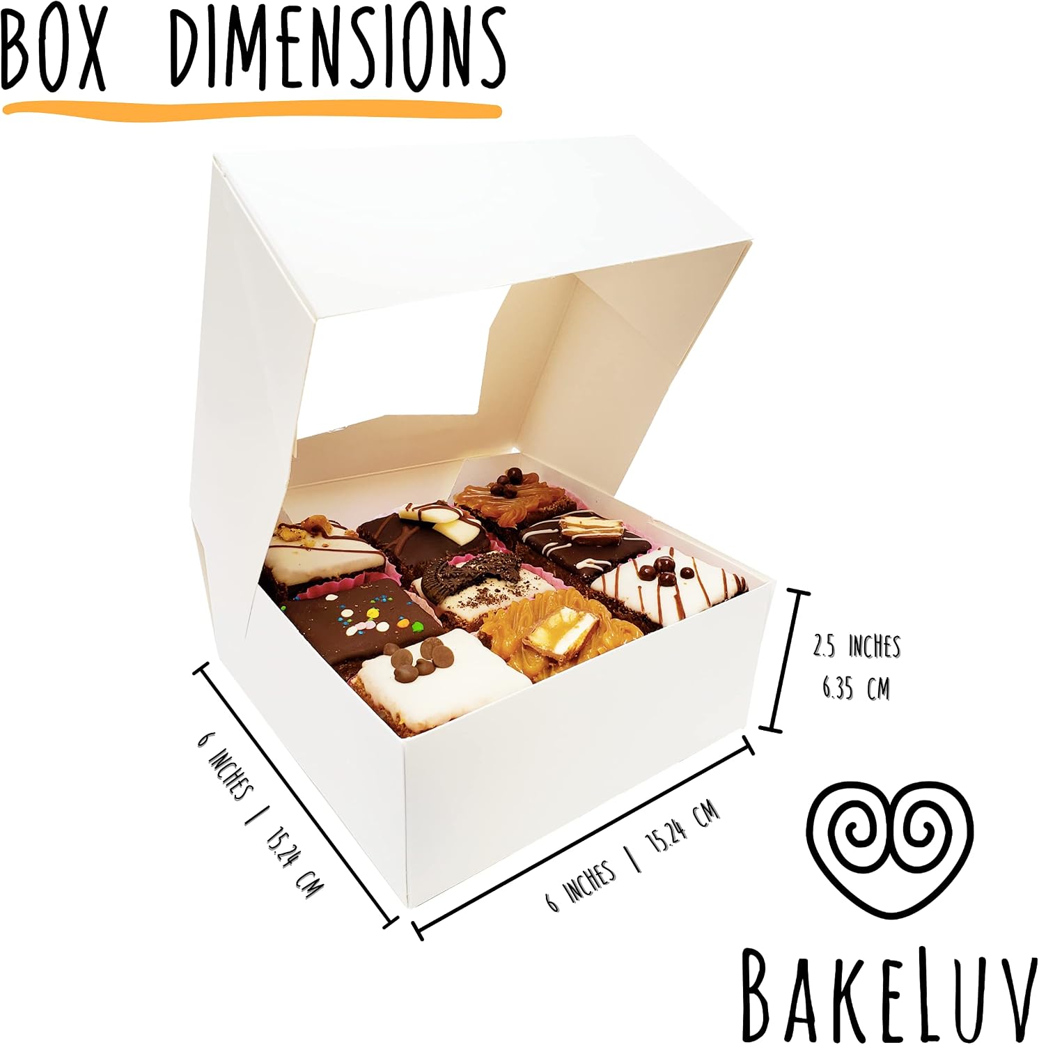 BAKELUV 6x6x2.5” White Pastry Boxes with Window | 12 Pack | Bakery Boxes with Window | Small Cake Boxes | Charcuterie Boxes | Cookie Boxes | Brownie Boxes| Alternative to 6x6x3” Bakery Boxes