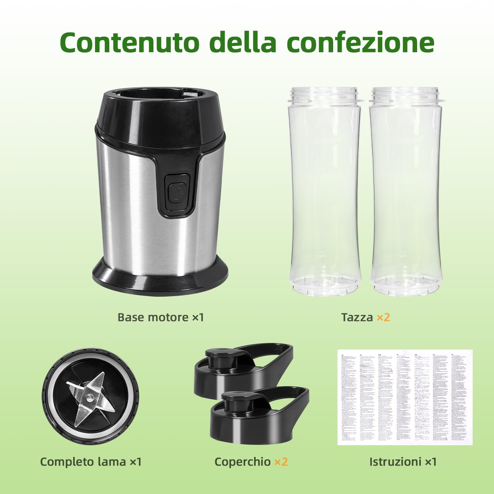 Frullatore Portatile Carehabi, Mini Frullatore e Smoothie Blender con 2 Bottiglie da 600ml (Senza BPA), Motore in Acciaio Inox 300W & 4 Lame per Frullati, Smoothies, Ghiaccio - Argento