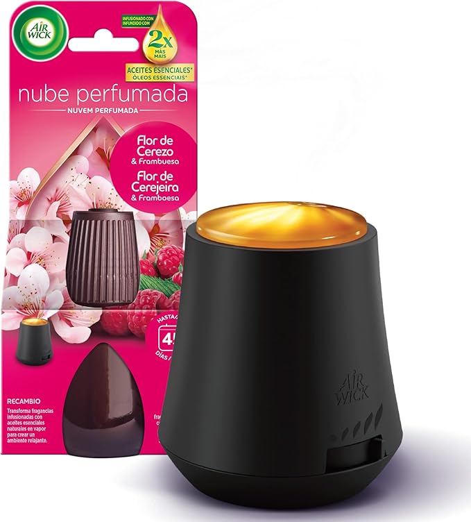 Air Wick Essential Mist, Ambientador difusor de aceites esenciales que brilla al liberar vapor, con aroma a Flor de Cerezo y Frambuesa infusionado con 2 veces más aceites esenciales oferta Amazon