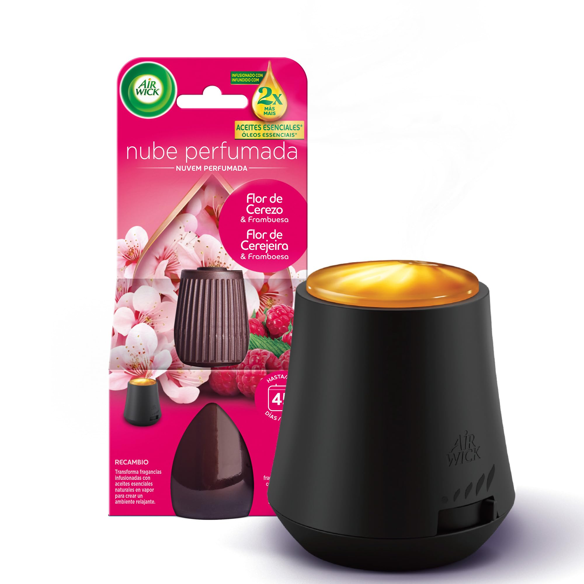 Air Wick Essential Mist, Ambientador difusor de aceites esenciales que brilla al liberar vapor, con aroma a Flor de Cerezo y Frambuesa infusionado con 2 veces más aceites esenciales