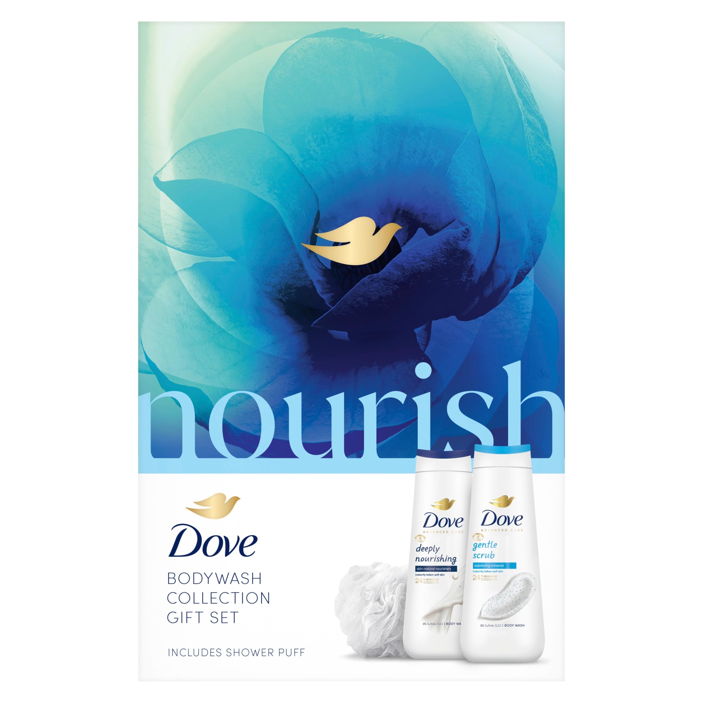 DoveNourish Body Wash Collection Gift Set with a luxury shower puff skin care gifts for her 2 piece