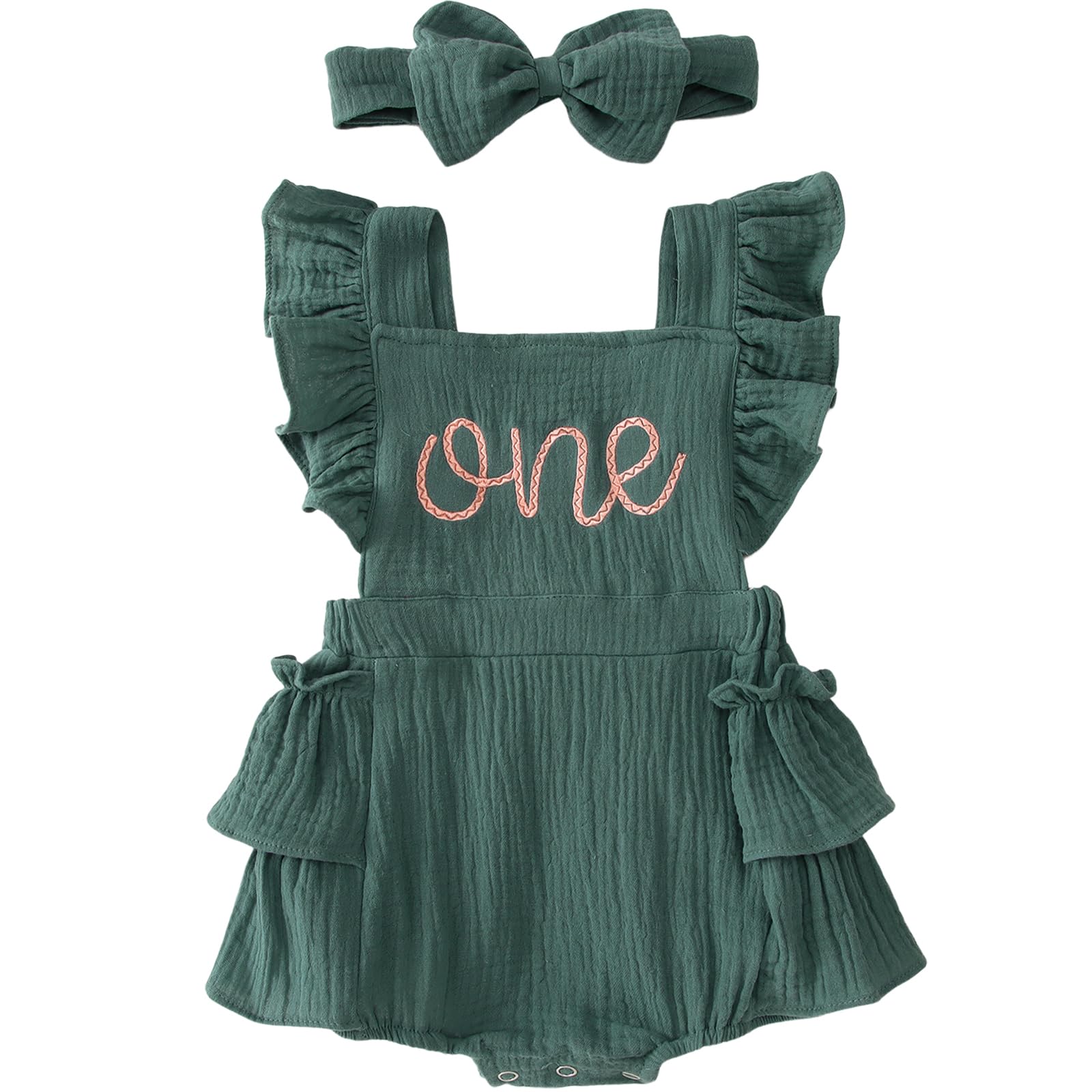 BOUTIKOME Baby 1st Birthday Girl Outfits Embroidery One Romper Ruffle Sleeve Onesie 1 Year Old Bodysuit Headband Clothes Set