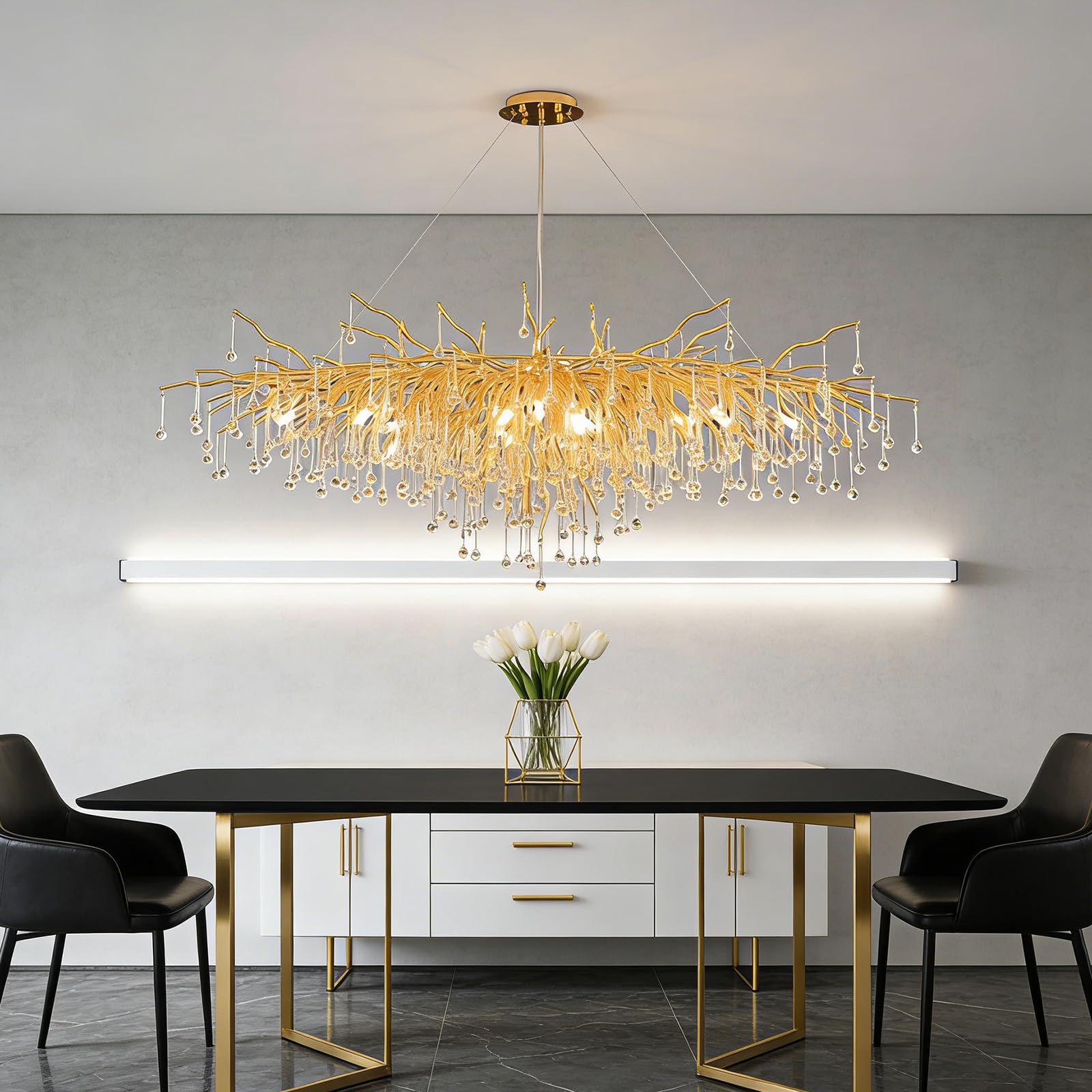 KXEcoLife Modern Luxury Crystal Branch Chandelier – Raindrop Pendant Light Fixture for Dining Room, Living Kitchen Island & Bedroom,Rectangular L140cm