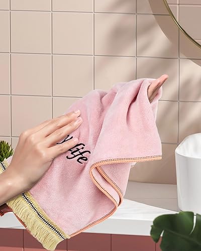 Miniatura 6 de Cleanbear Juego de 4 toallas de mano rosas con borlas decorativas para baño, toallas de baño de microfibra de alta calidad, extremadamente suaves y