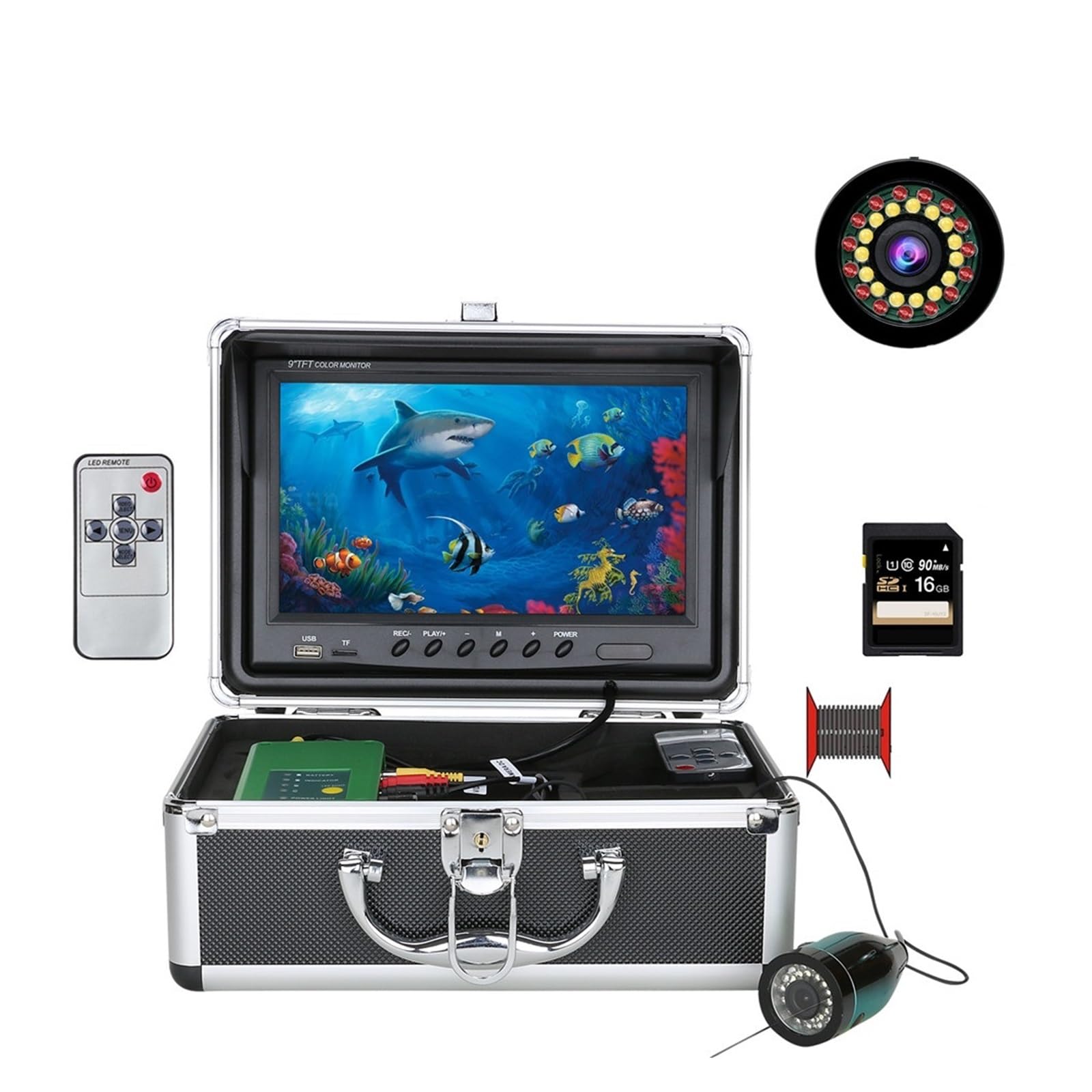 Telecamera Subacquea Pesca, 9 pollici DVR Fish Finder Pesca subacquea 1080P Fotocamera HD 1280 * 720 15 LED bianchi + 15 pezzi Lampada a infrarossi 15 m Fotocamera for la pesca(30m cable with DVR)